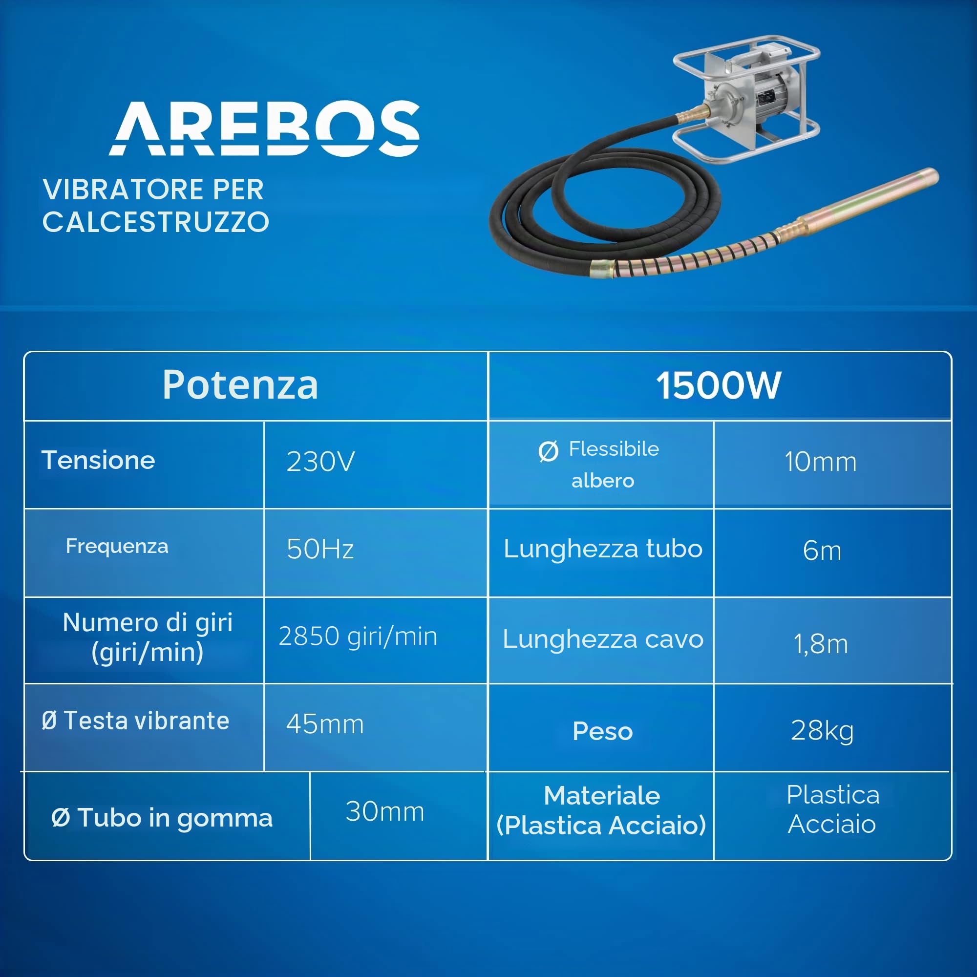 Arebos Vibratore per cemento | Vibratore per calcestruzzo 1500W | Vibratore ad immersione | Vibratore portatile per calcestruzzo | Ago vibrante per calcestruzzo | Vibratore interno per calcestruzzo