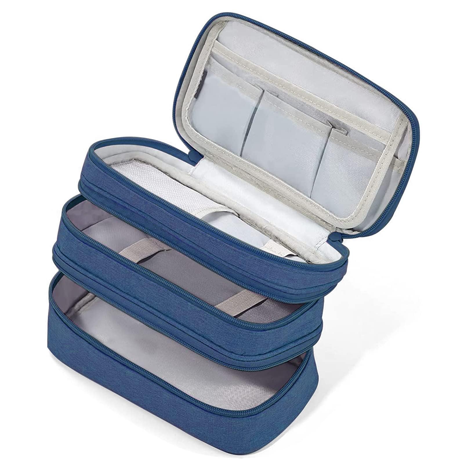 Large Capacity Canvas Pencil Case With 3 Compartments - Dark Blue | Portable Canvas Stationery Organizer With Double Zippers, Simple for College, School, Office, Girl, Boy, Men, Women, Adult