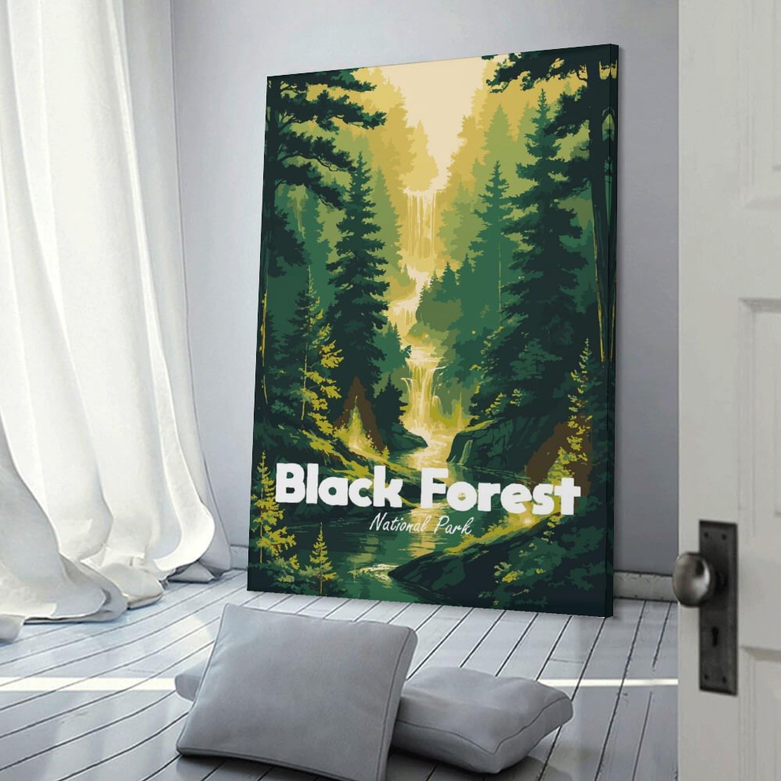 Junmoney Black Forest National Park Illustration Canvas Wall Picture 20x30inch(50x75cm), for Contemporary Homes, Apartments Or Offices, Wall Decor with Flexible Room Appeal