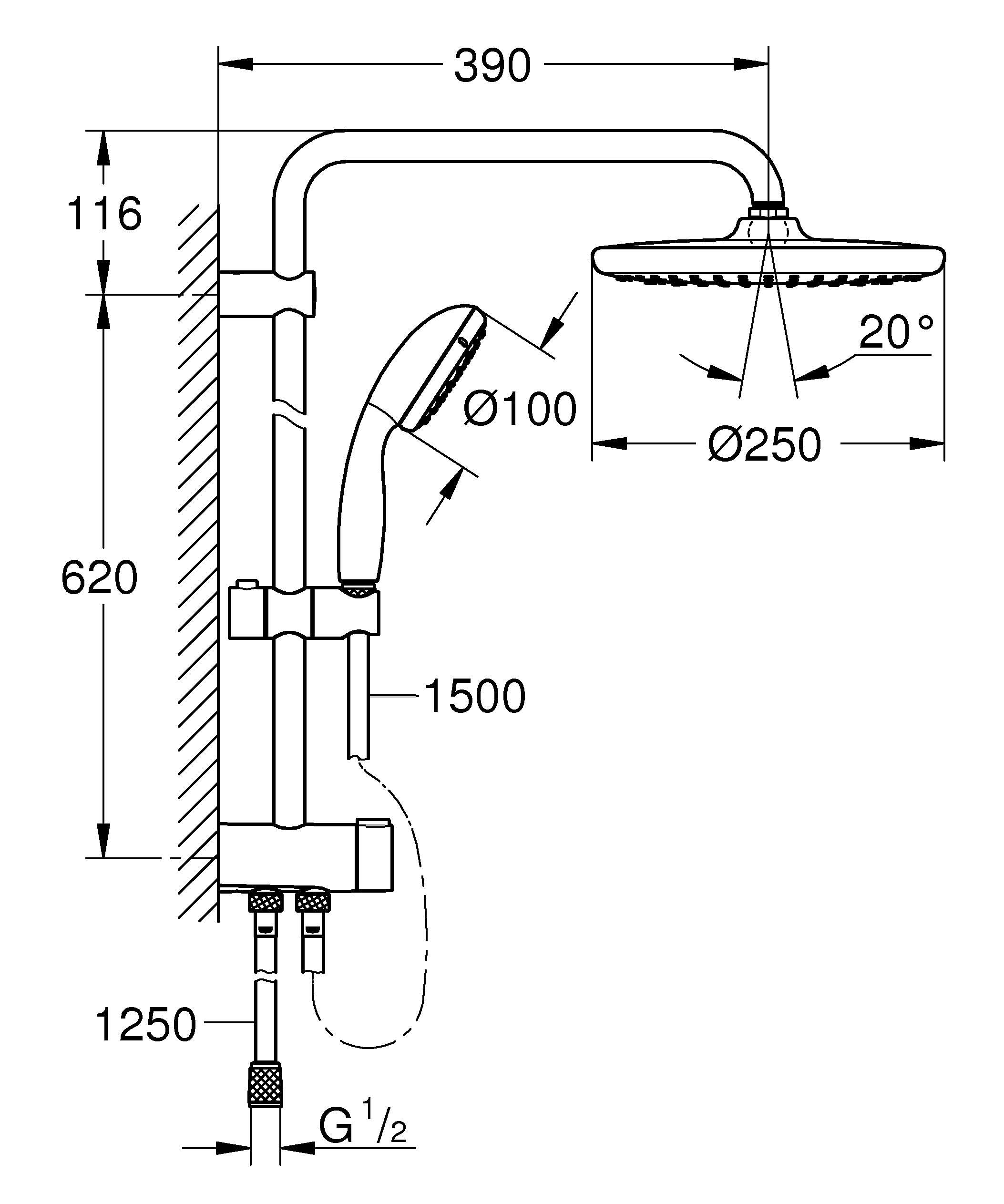 GROHE Vitalio Start 250 26817000 elastyczny system prysznicowy z przełącznikiem (okrągła 250 mm 2-słuchawkowa słuchawka natryskowa, słuchawka prysznicowa 100 mm, technologia oszczędzania wody, ramię