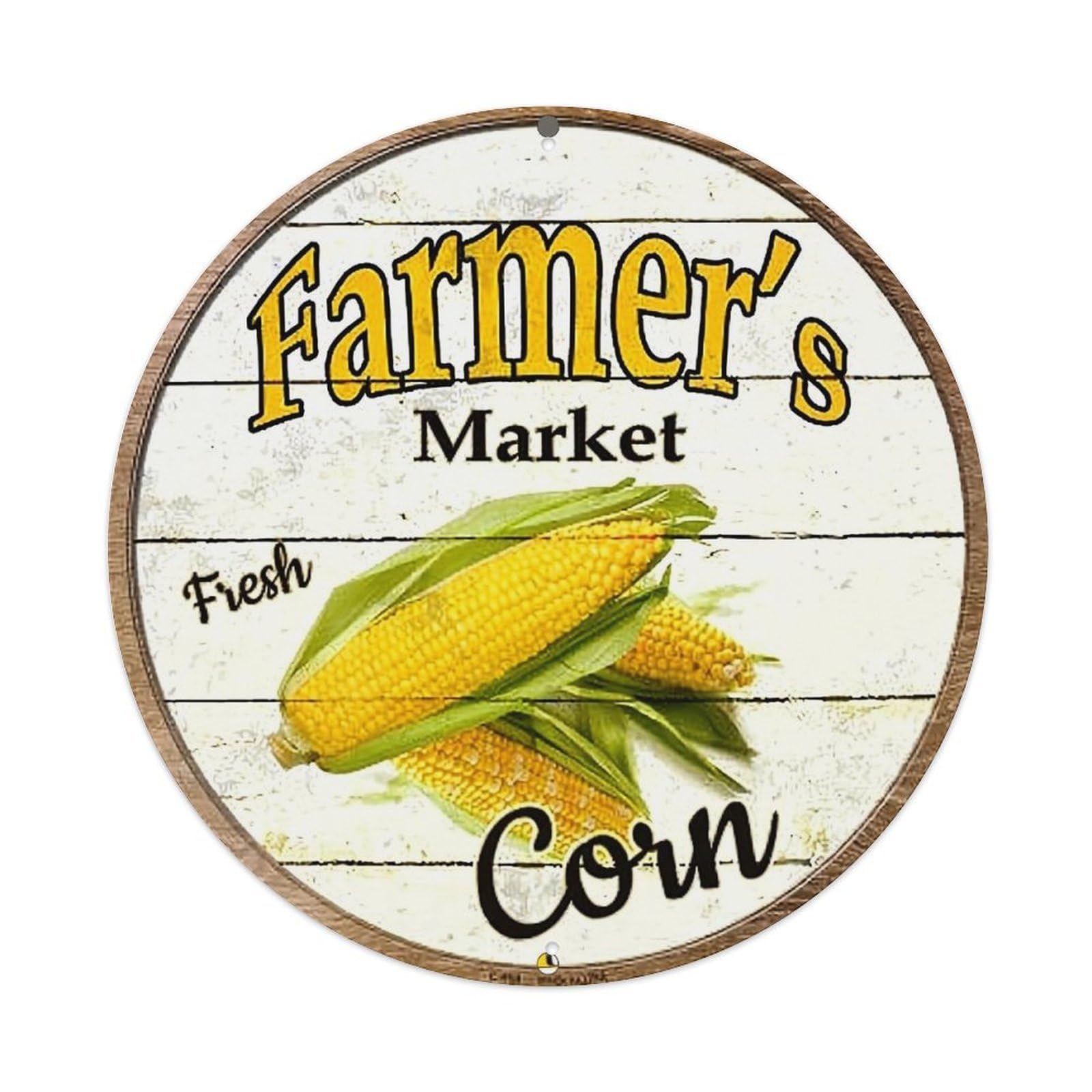 Farmer's Market Fresh Corn Vintage Round Tin Sign Retro Metal Wall Decor Metal Poster, Home Bar Garage Cafe Wall Art Decoration 8x8Inches