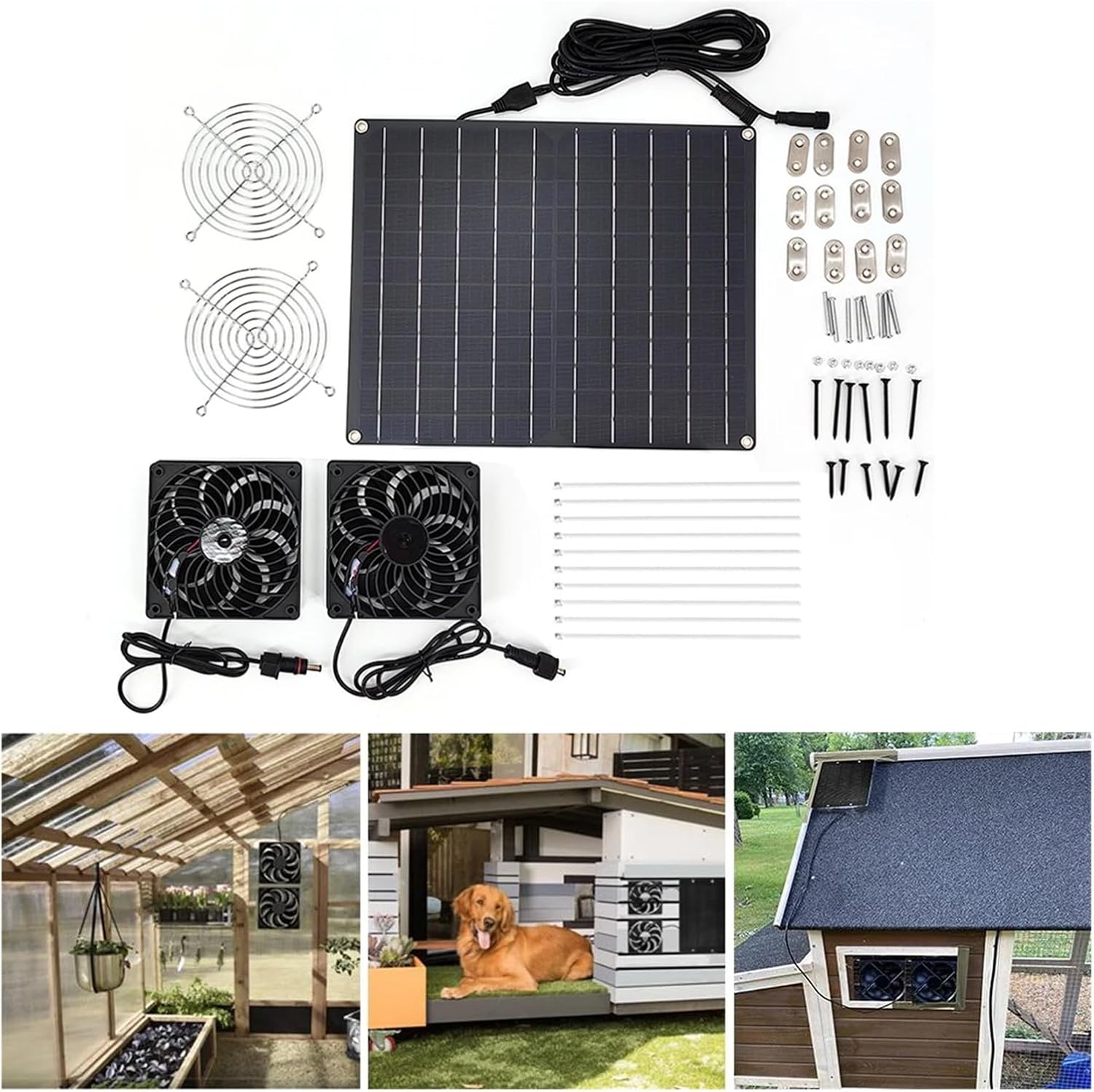 15W 12V Solar Powered Fan Kit Regulate Temperature Solar Cooling Fan Solar Panel Kit with Dual Fan for Chicken Coop Greenhouse