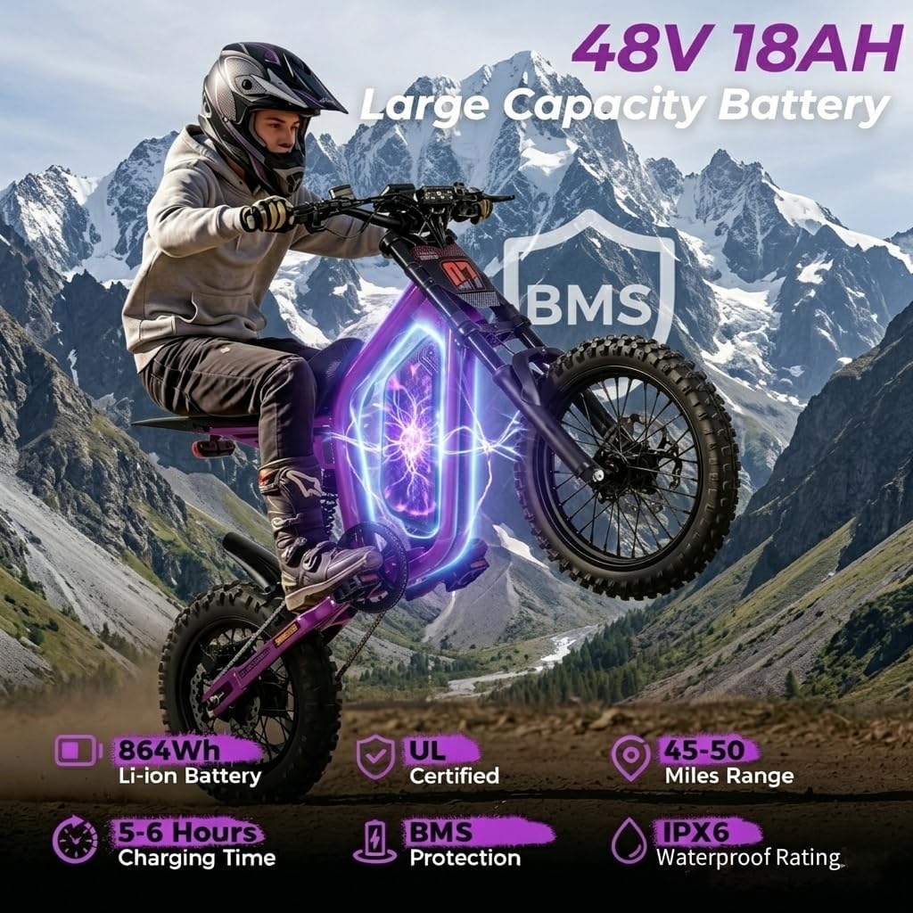 Eahora FT-07 3000W 30MPH Electric Dirt Bike for Teens/Adults 48V 18AH 40Miles Long Range Full Suspension Electric Motorcycle Bike 14"/12" Fat Tires, LCD Display with NFC Off Road ebikes for Age 13+