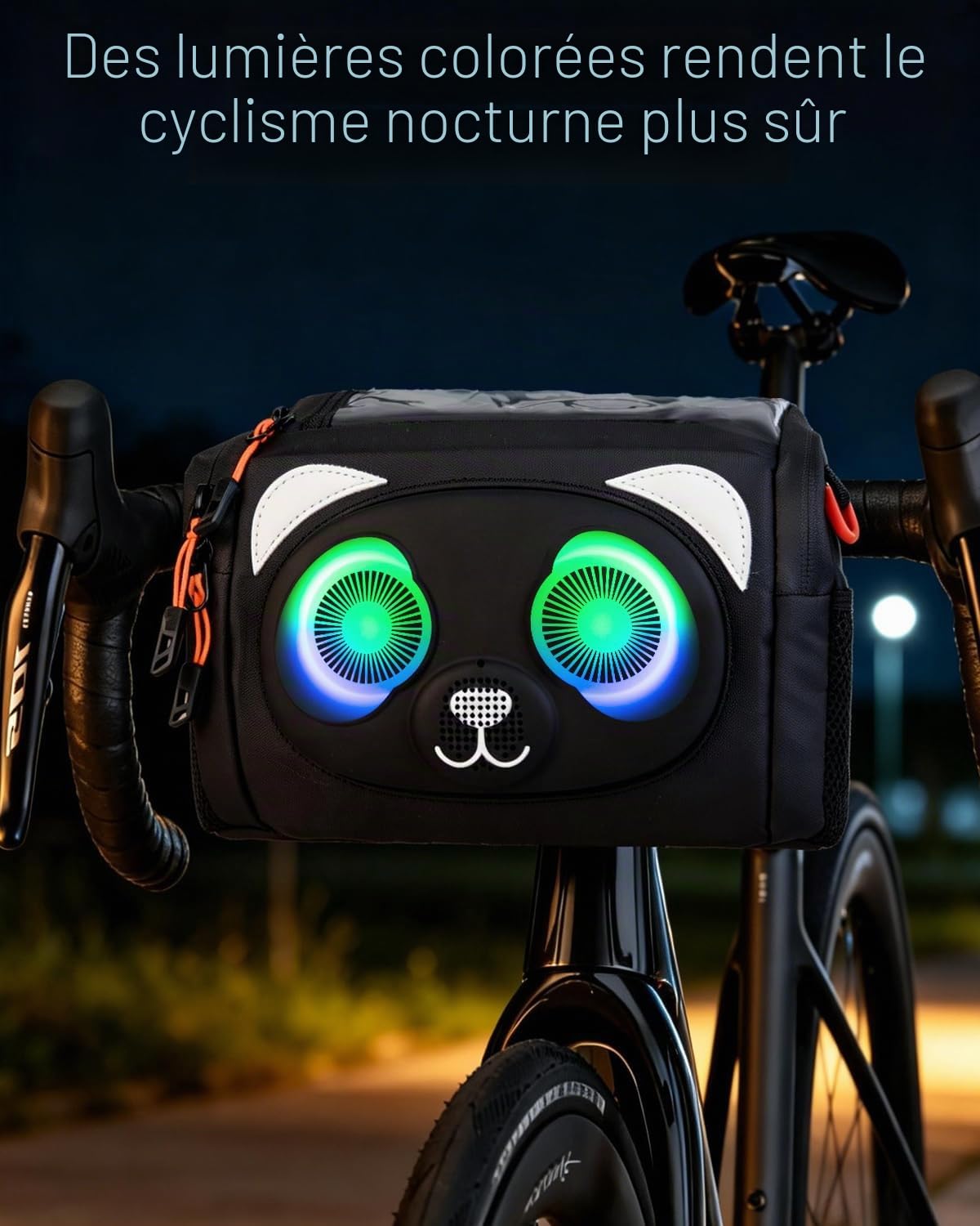Sacoche Velo 6L avec Fonction Audio, Sac de Guidon de vélo avec écran Tactile Avant et bandoulière Amovible pour Tous Les téléphones avec Effets Lumineux colorés, étanche