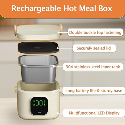Miniatura 5 de Fiambrera eléctrica para mujeres adultas, lonchera eléctrica inalámbrica para hombres, calentador de alimentos portátil recargable de 27.1 fl oz,