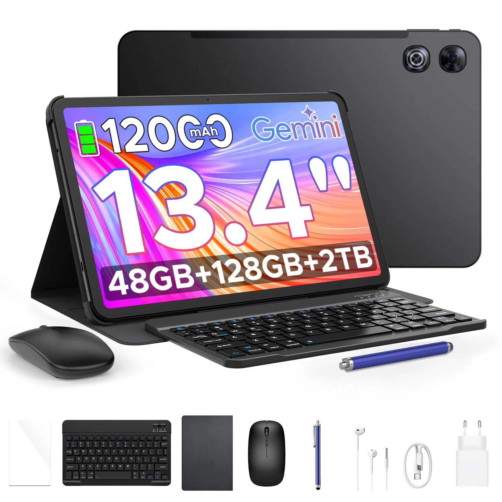 P13 Tablet 13.4 Pollici Android 16 e Gemini AI, 2.4K/120Hz,Grigio | 48GB RAM+128GB ROM/2TB TF, 12000mAh/18W, T7280 Octa-Core, 13MP,WidevineL1/Face ID/WiFi5/GPS/OTG, Tablet con Tastiera e Penna