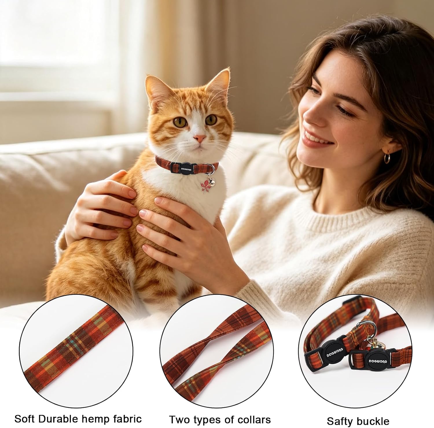 Cat Collar,2 Pack Orange Plaid Cat Collars Breakaway with Bell, DOGWONG Halloween Cat Collar for Boy Girl Small Dogs，Adjustable Kitten Collar 7-12 Inch image 2