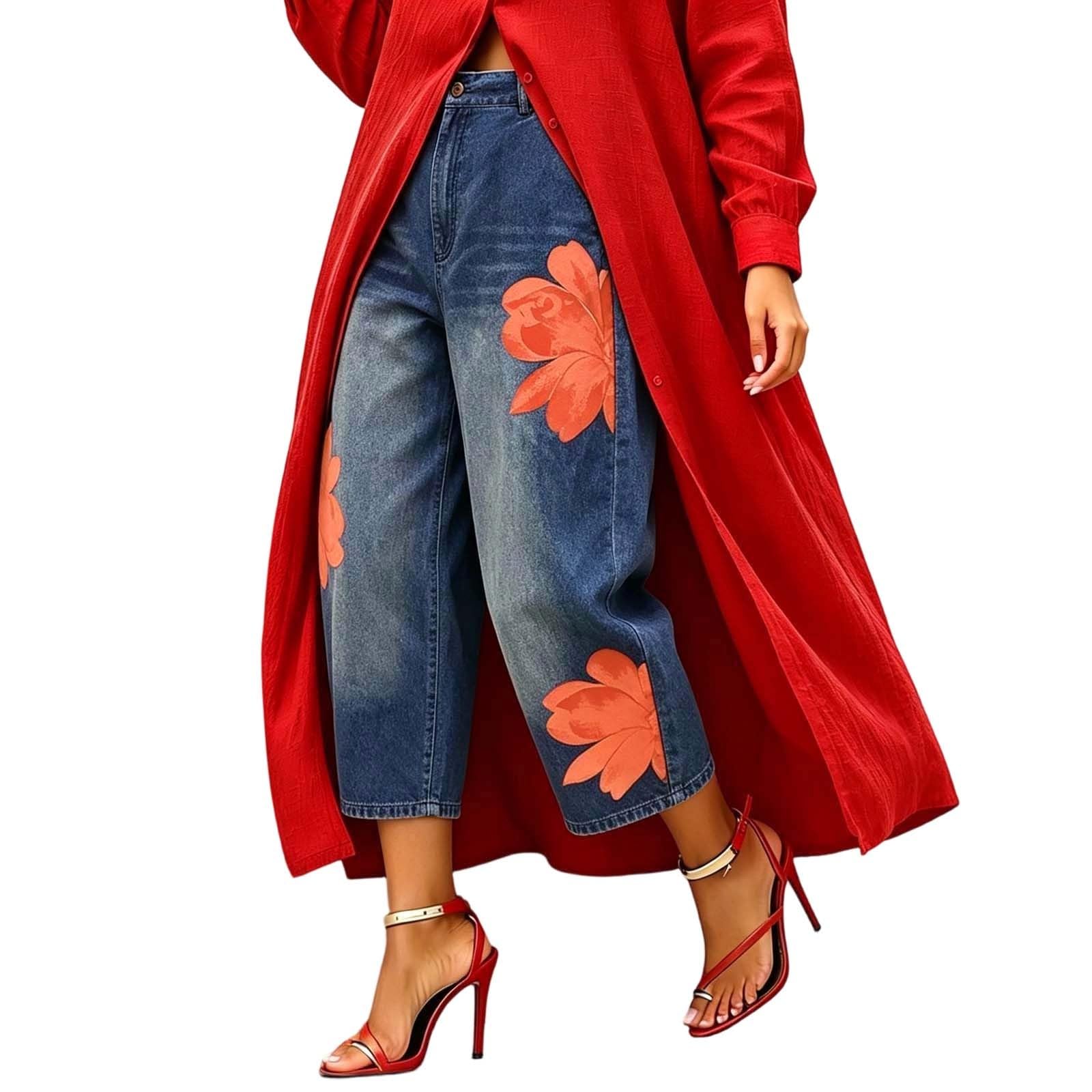 Vaqueros holgados para mujer con estampado floral y pernera ancha 5