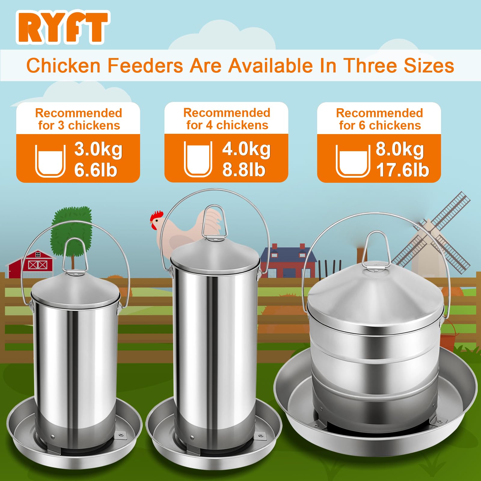 RYFT Comedero automático para pollos de 8 kg, comedero de acero inoxidable para aves de corral, grosor resistente, 0,9 mm, con asa, relleno superior, duradero y resistente a la corrosión