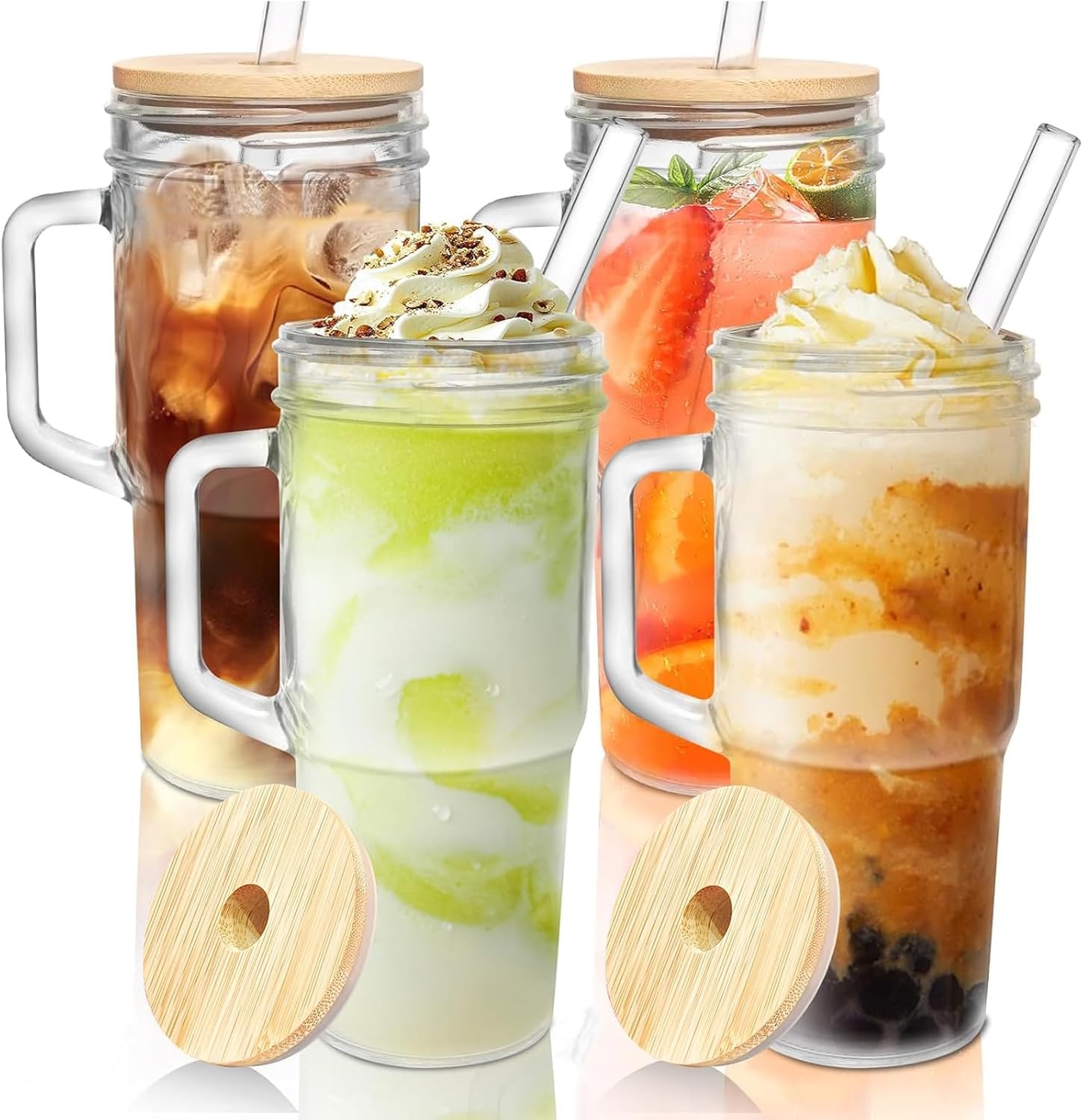 Geribbelde glazen mokken, 600 ml, luchtdicht en lekvrij design, drinkbeker van hoogwaardig glas, glazen beker met deksel en rietje voor ijskoffie