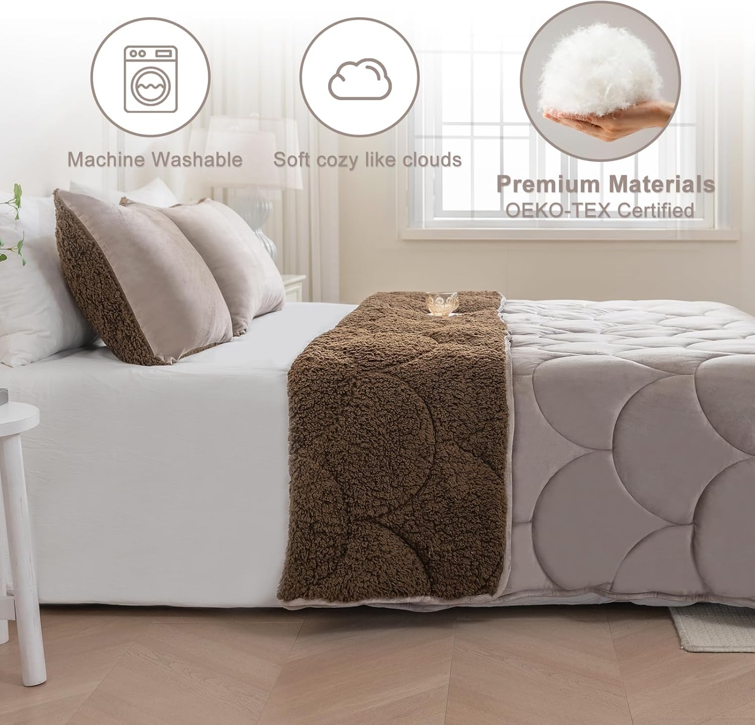 Sherpa Comforter Set Queen Size 80 * 80", All Season Soft Warm Fleece Spring Fall Blanket Filled with Lightweight Microfiber, Winter College Dorm Bedding Sets with 2 Pillow Sham