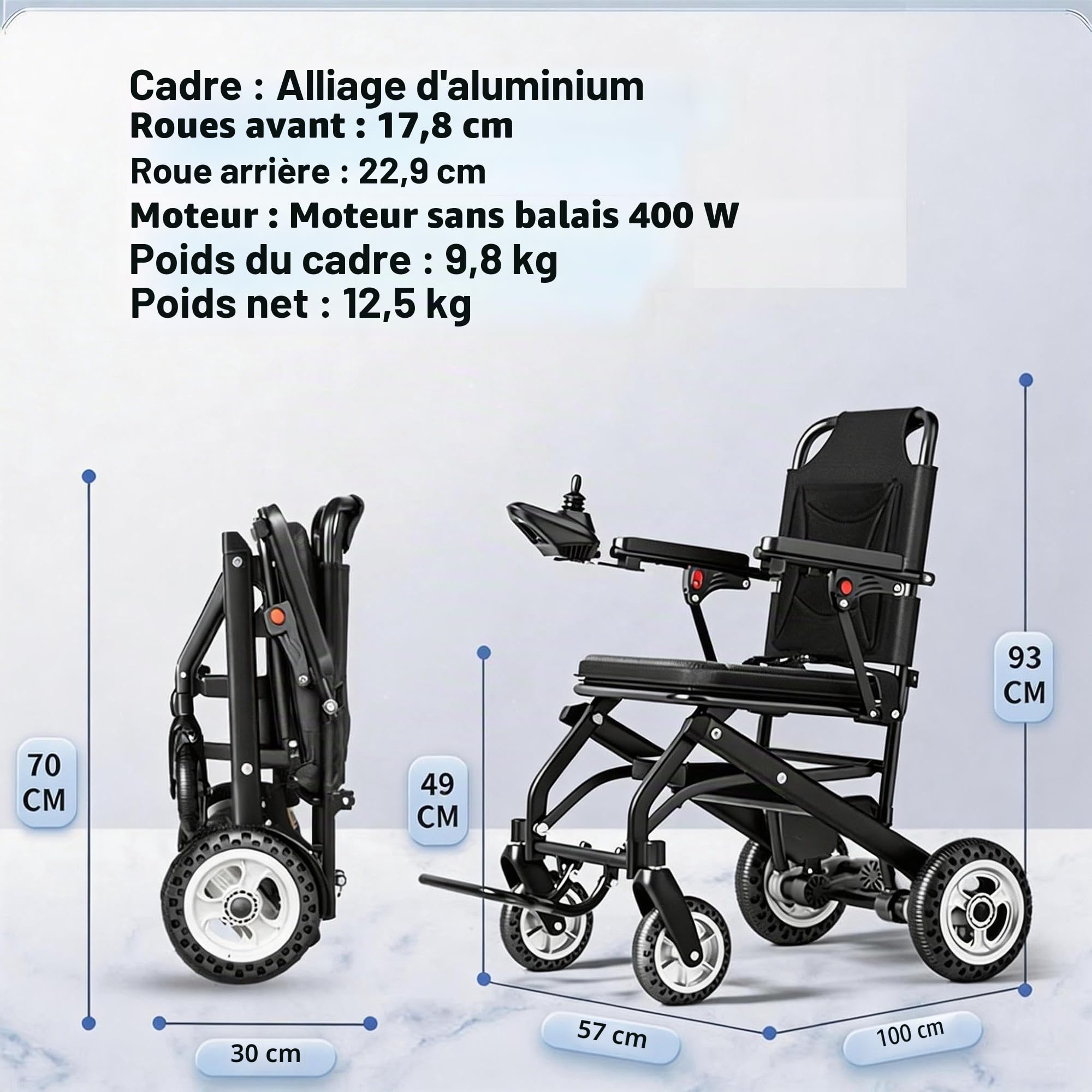 Seulement 13 kg Léger Fauteuil Roulant Électrique pour Adultes,Largeur D'assise : 41 cm,Foldable Lightweight Motorized Wheelchair,400W Dual Motor Power Wheelchair