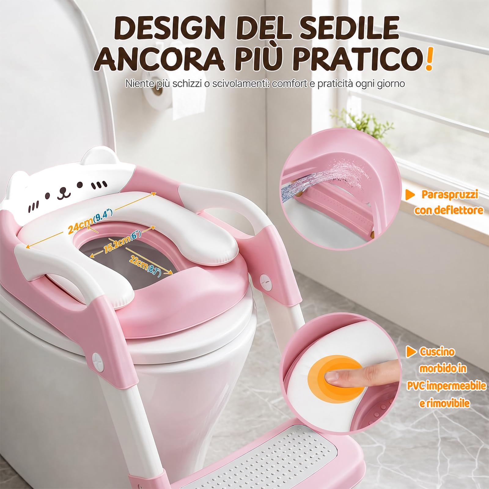 Riduttore WC Bambini, Stabile con Pedale e Maniglia, Rosa | Pedale Allungato e Antiscivolo, Facile da Montare e Riporre, Altezza Regolabile, Antischizzo Per Bambini E Bambine In Bagno