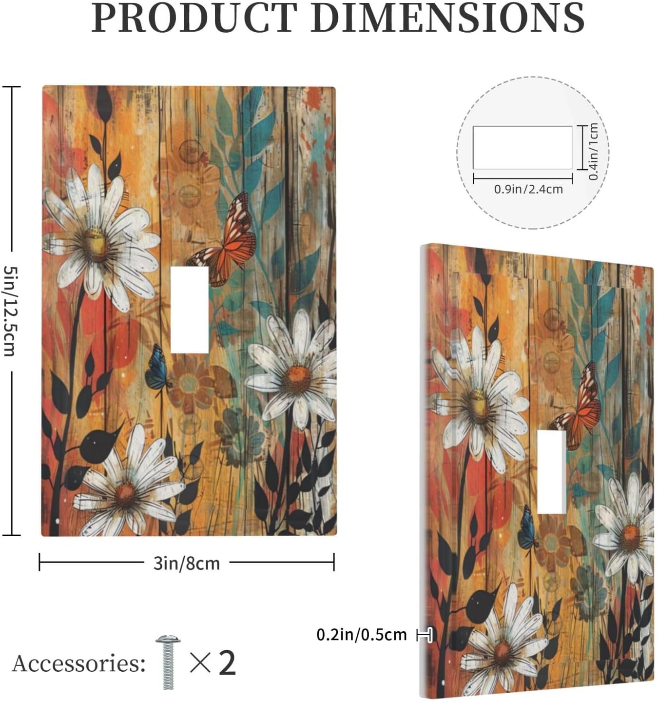 Rustic Daisy Floral Wood Light Switch Cover Decorative Vintage Flower Butterfly Single Toggle Wall Plate 1 Gang Switch Plates Electrical Faceplate for Bathroom Kitchen Bedroom Decor 5" x 3"