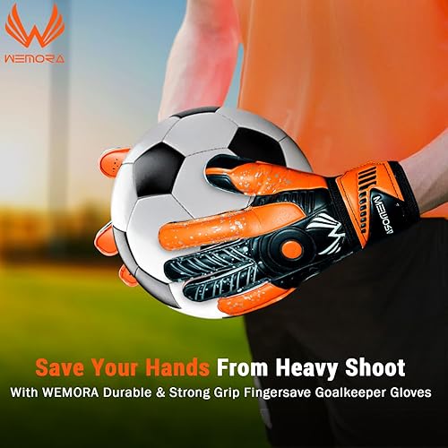 Miniatura 10 de WEMORA Guantes de portero de fútbol Fingersave para niños, jóvenes y adultos con palma de látex de 0.295 in, espinas flexibles para los dedos,