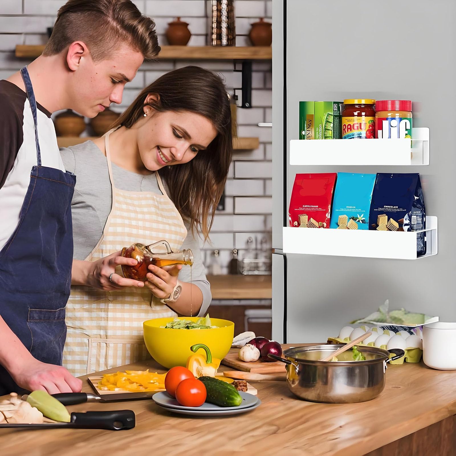 KedioPio Magnetisches Regal Kühlschrank Weiß, 2 Stück Magnetisches Gewürzregal Kühlschrank mit 4 Haken, Magnet Regal Gewürzregal Magnetisch für Küche Aufbewahrung und Organisation, Weiß Küche, Haushalt & Wohnen