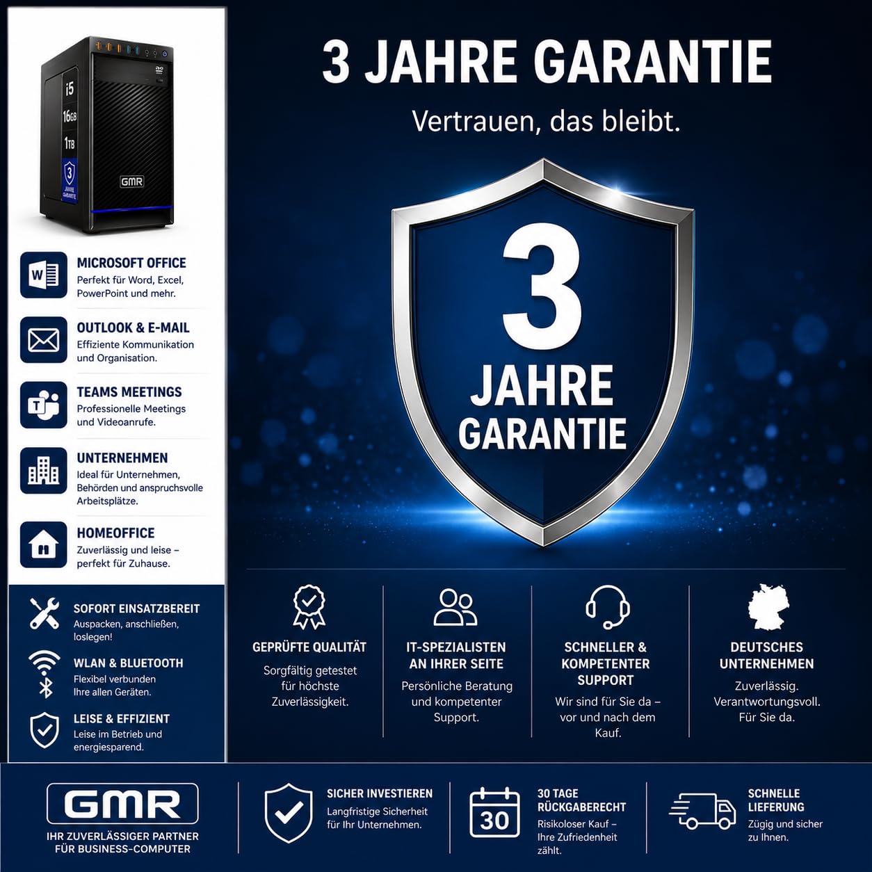 GMR Business PC für Büro, Homeoffice und Unternehmen | Bürocomputer mit Intel Core i5 | 16 GB RAM | 1 TB SSD | Windows 11 Pro | WLAN & Bluetooth | 3 Jahre Garantie