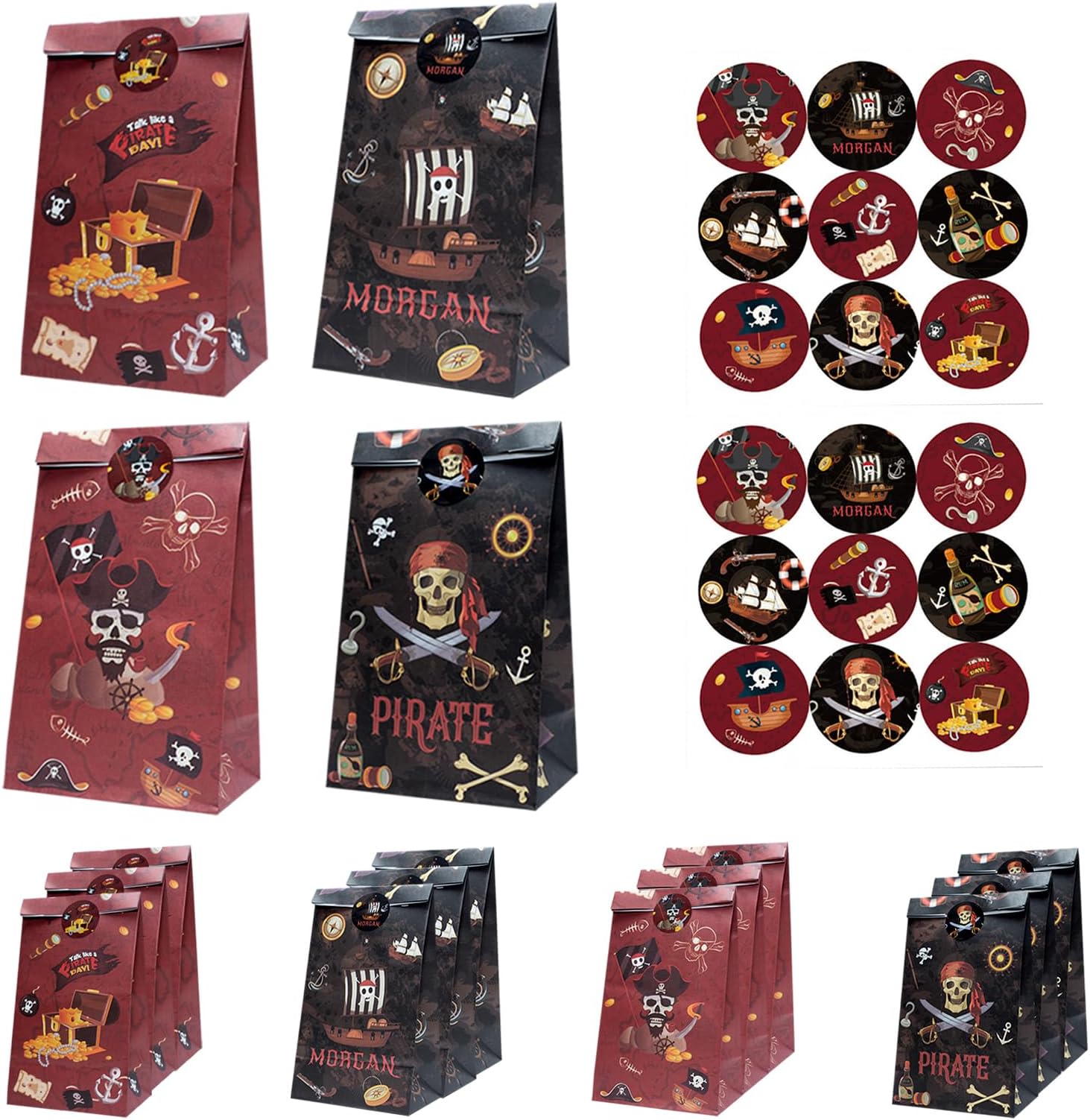Pack of 12 Pirate Gift Bags, Pirate Decoration Children's Birthday Gift Bags with 15 Pirate Stickers, Pirate Party Gift Bag for Pirate Motif Sweets, Pirate Treasure, Birthdays