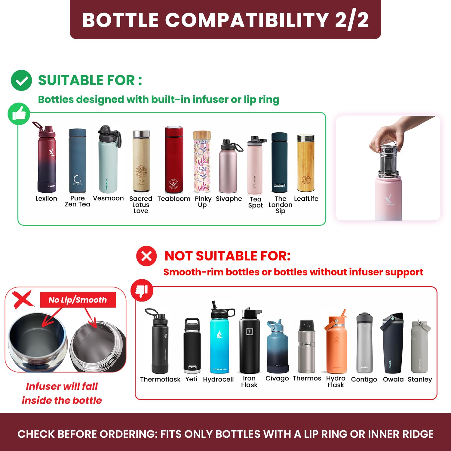 Lexlion Wasserflasche Tee-Ei für losen Tee – Wiederverwendbares & tragbares Edelstahl-Ei für Obst, Kaffee, grünen Tee, Eistee, Kräutertee, schwarzen Tee – runde Teesiebe & Filter – (1 Pack)