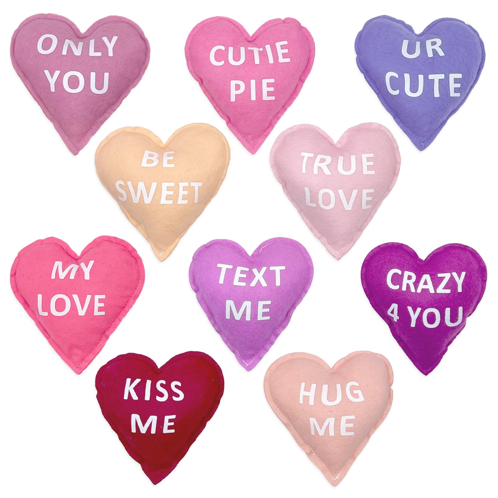 10 Pieces 5 Inches Valentines Stuffed Fabric Hearts Conversation Hearts Stuffed Plush Heart Farmhouse Rustic Heart Ornaments for Valentines Tiered Tray Decor