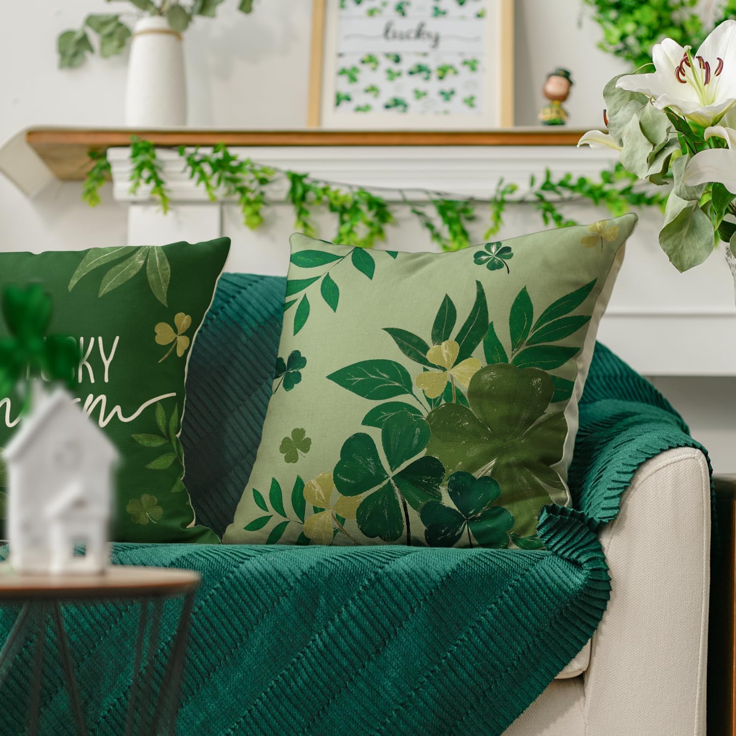 AVOIN colorlife ST Patricks Day Lucky Charm Clover Throw Pillow Covers, 18 x 18 Inch Green Leaf Shamrock Decoration for Sofa Couch Set of 4 - Image 5