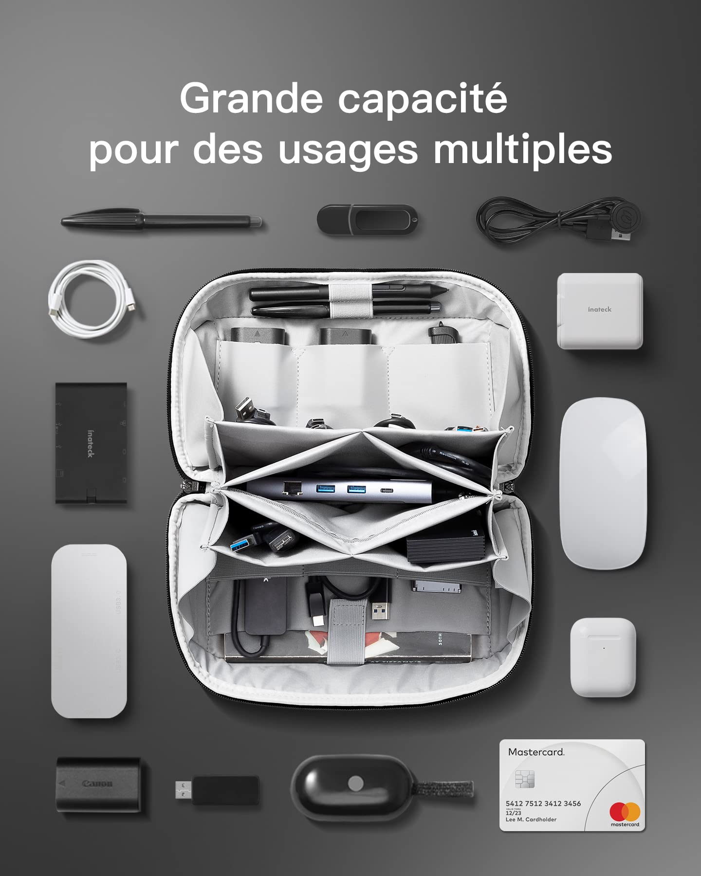 Inateck Sac de Rangement Câbles,Organisateur d'accessoires électroniques avec poignée,Pochette Organisateur de Gadgets, résistant aux éclaboussures étui de Transport pour