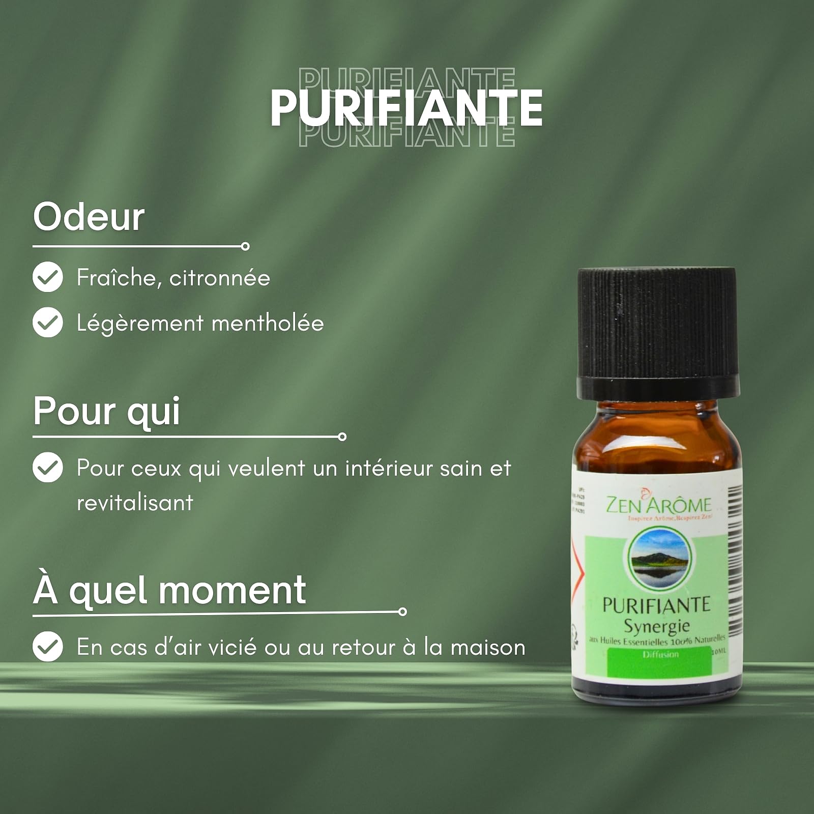 Zen'Arme - Synergie d'Huiles Essentielles Purifiante - Mlange d'Huiles  Essentielles 100% Pure et Naturelle - Utilisation en Diffusion pour  l'Aromathrapie - Analys et Conditionn en France - 10ml : Amazon.fr:  Hygine et Sant