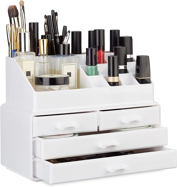 Relaxdays Organizer do makijażu, mały, 2-częściowy zestaw do przechowywania kosmetyków z akrylu, z uchwytem na szminki i 4 szufladami, biały, 19 x 24 x 13,5 cm