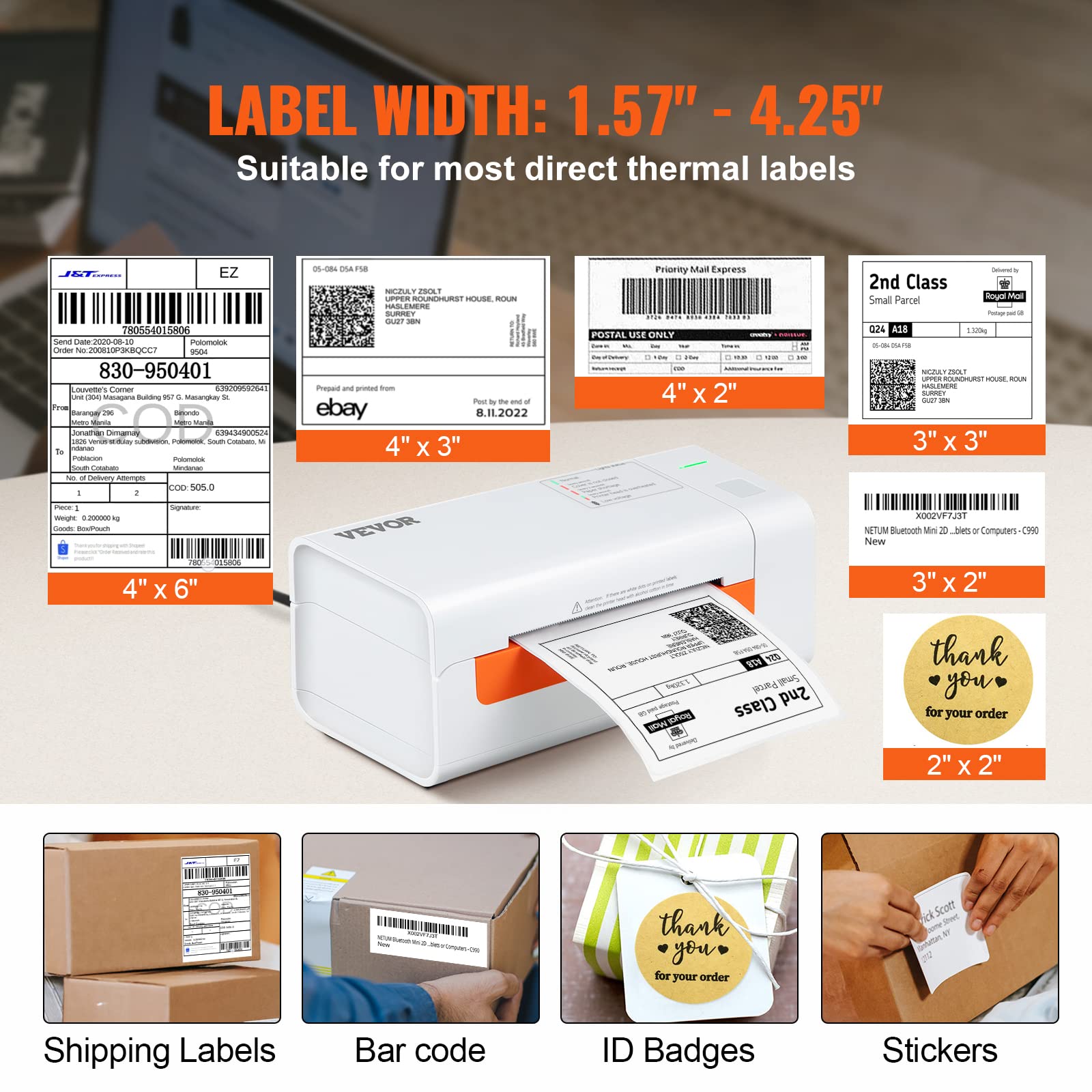 VEVOR Termiczna drukarka etykiet, drukarka etykiet wysyłkowych 10 cm x 15 cm, połączenie USB i automatyczne rozpoznawanie etykiet, obsługa Windows/MacOS/Linux, kompatybilna z Amazon, Ebay, Etsy, UPS, itp