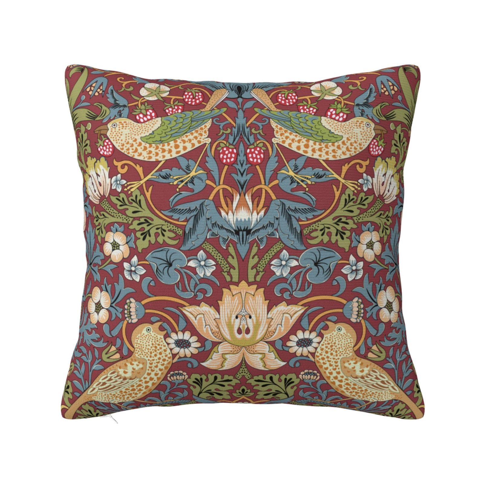 Keebik William Morris Strawberry Thief Red Design Throw Pillow Cover Soft Decorative Throw Pillowcases Cushion Case for Home Decor Living Room Bed Couch Car 16x16 Inch