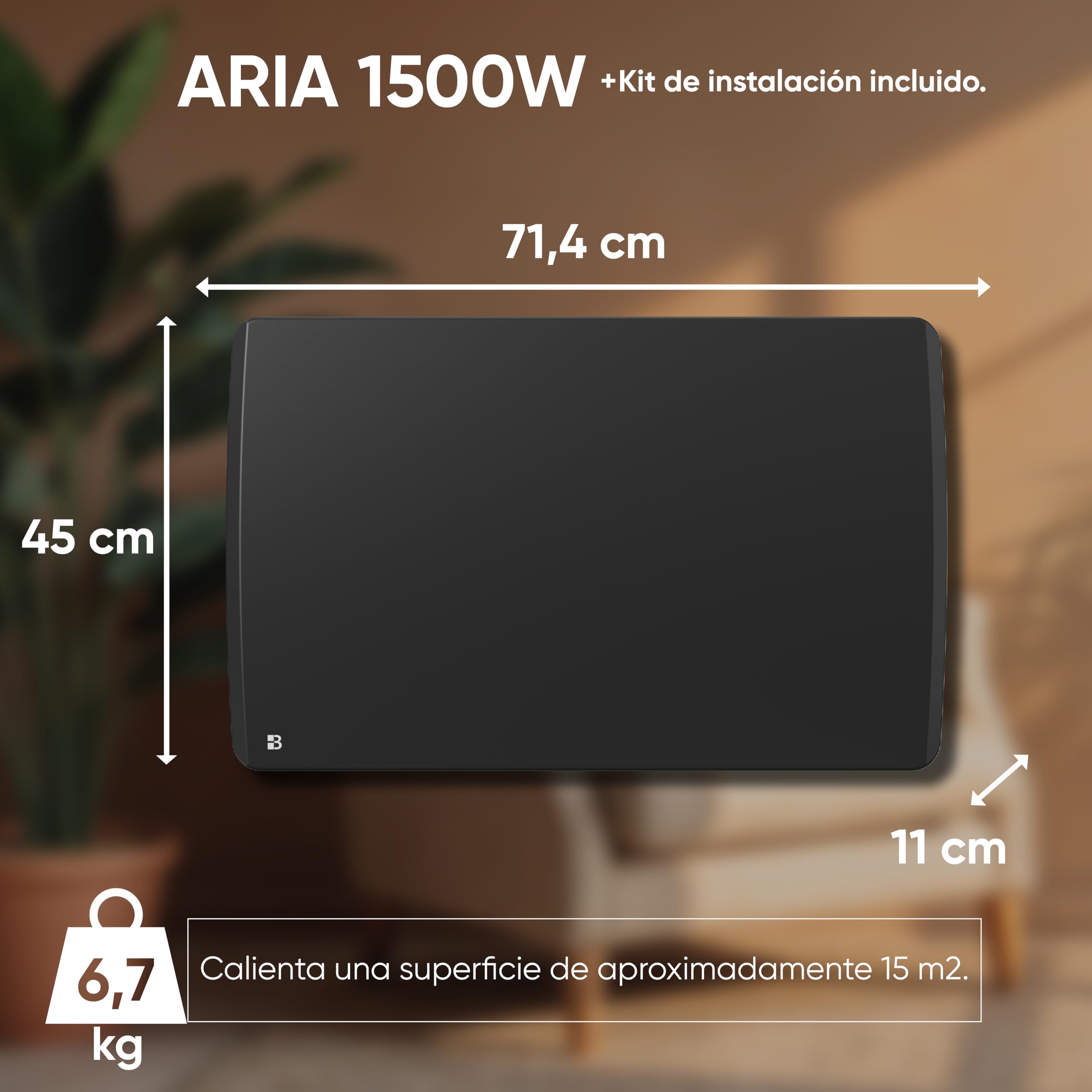 Radiador eléctrico fijo de inercia seco cerámica 1500W Bestherm ARIA horizontal negro