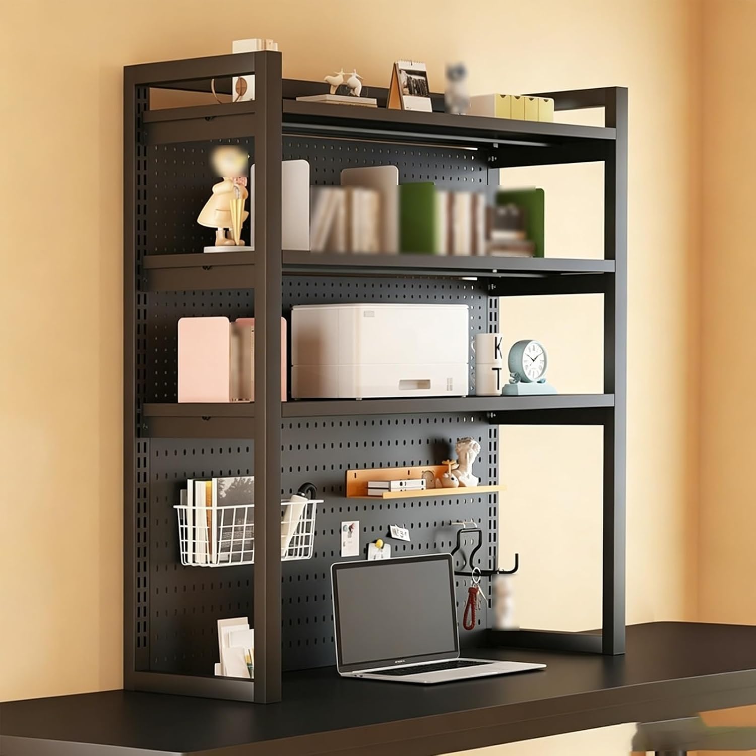 Metal Desk Shelf Organizer with Pegboard, 1/2/3 Tier Desktop Bookshelf Countertop Storage, Adjustable shelves, Large Capacity Desk Hutch for Study Table,Office(Black triple layer,120cm/47.2in)