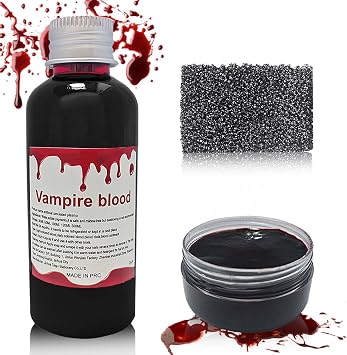 3 Piece Fake Blood Washable Special Effects SFX Makeup Set Halloween Hardening Gel Drip Blood with Black Stipple Sponge Fake Blood Gel for Clothes, Vampire, Clown, Zombie, SFX Wound Cutting