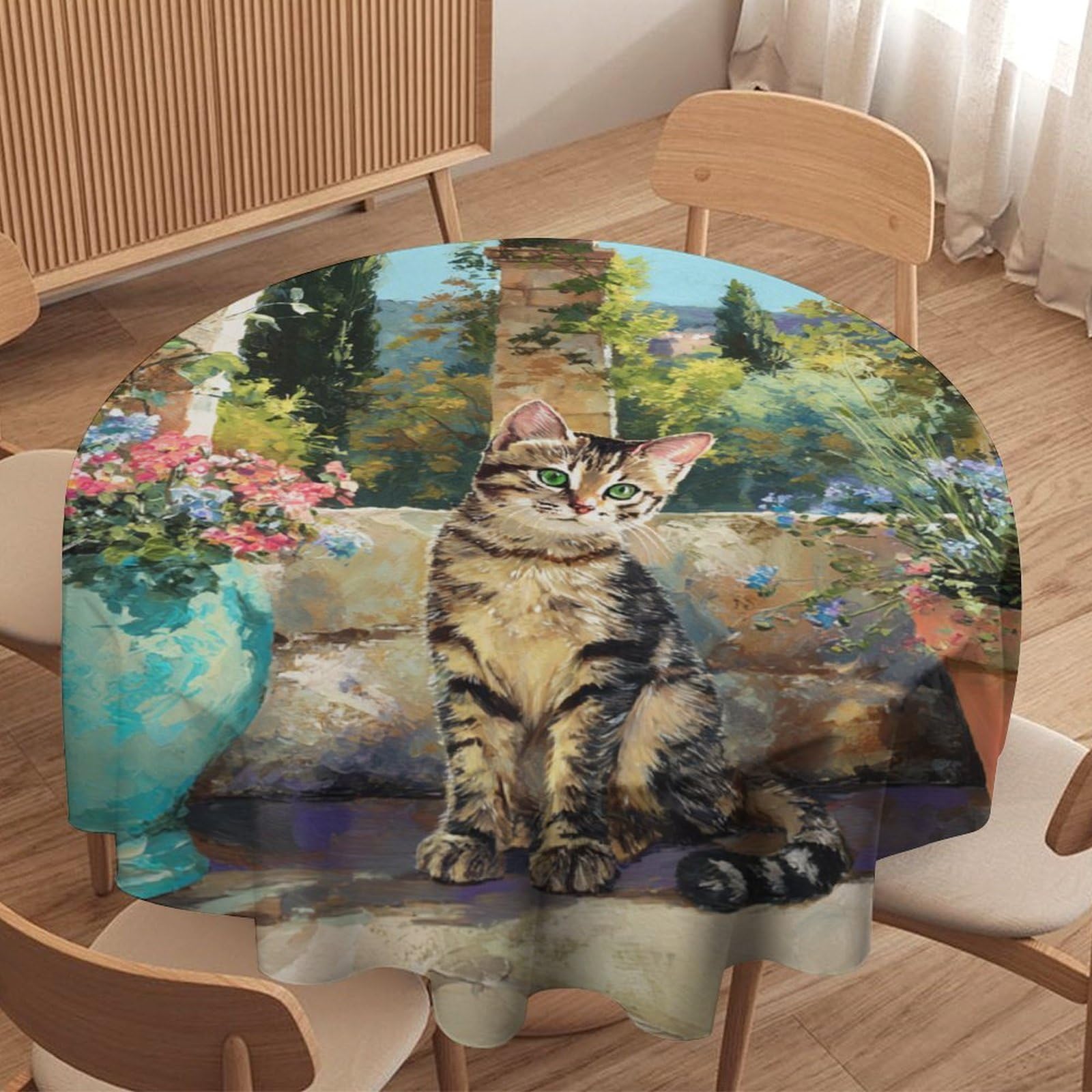 LUYYSKY Fantasy Classic Cute Cats Round Tablecloth Beautiful European Spring Garden Castle Arch Flowers Animal Kittens Washable Decor for Table Cover for Kitchen-177.8" Wx177.8 L cm