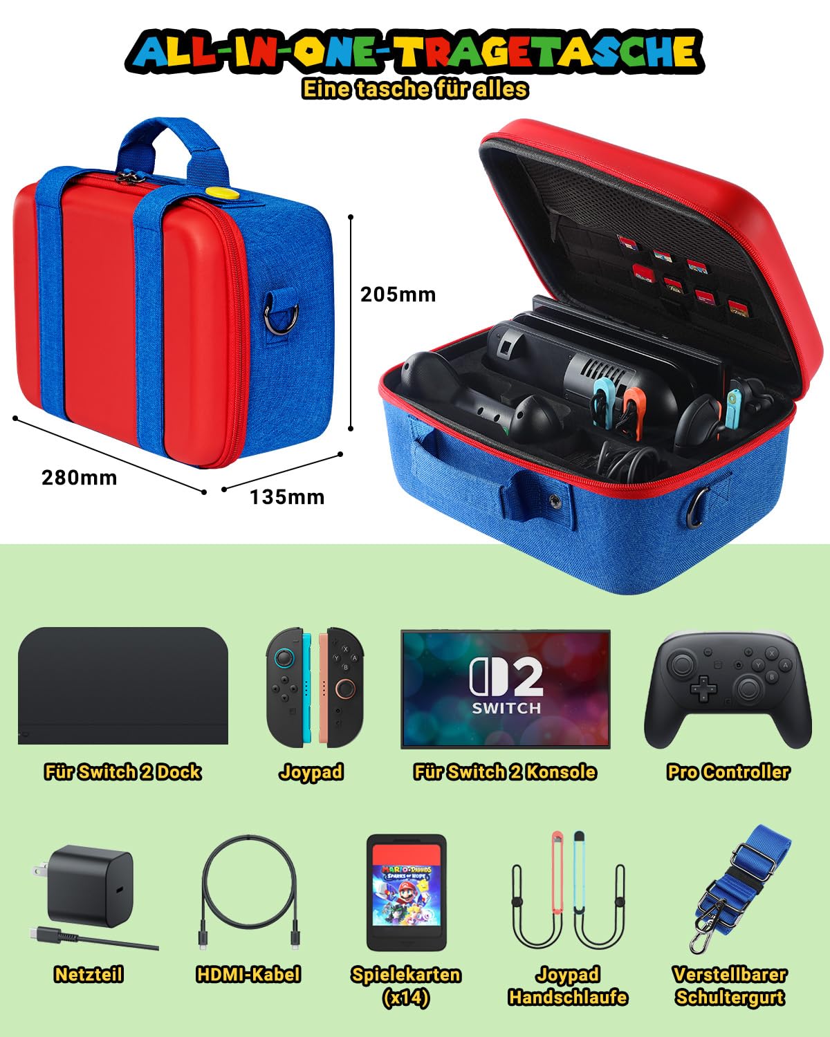 All in One Switch 2 Tasche Niedlich Kompatibel mit Nintendo Switch 2, Tragbare Hartschalen Tragetasche für Zubehör und Spielkarten, Schutzhülle Hülle Case für Konsole Pro Controller Dock,Rot Blau Groß