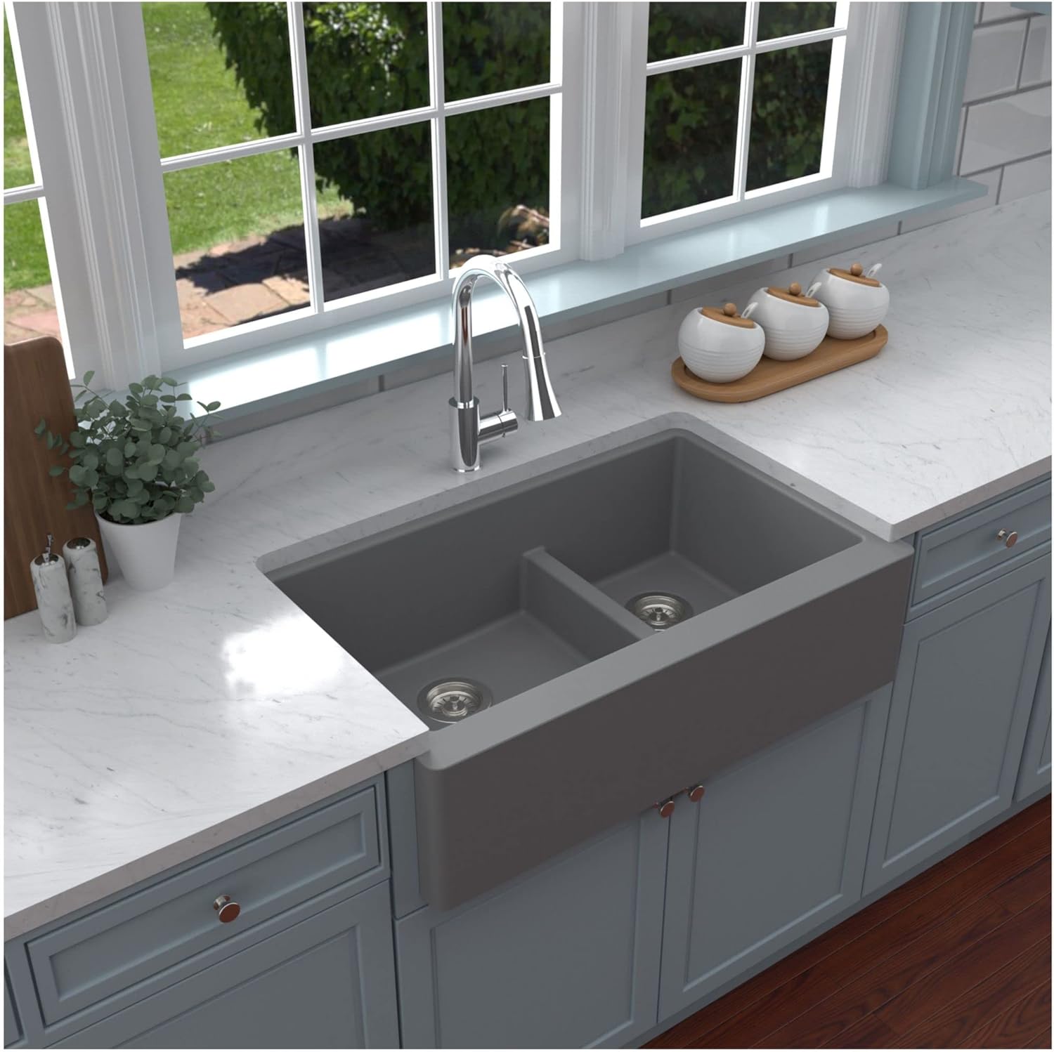 Karran Farmhouse Apron Front Quartz Composite Kitchen Sink, 34 in. 60/40 Double Bowl Low Divide, Heat & Scratch Resistant, Rear Drain (Black)