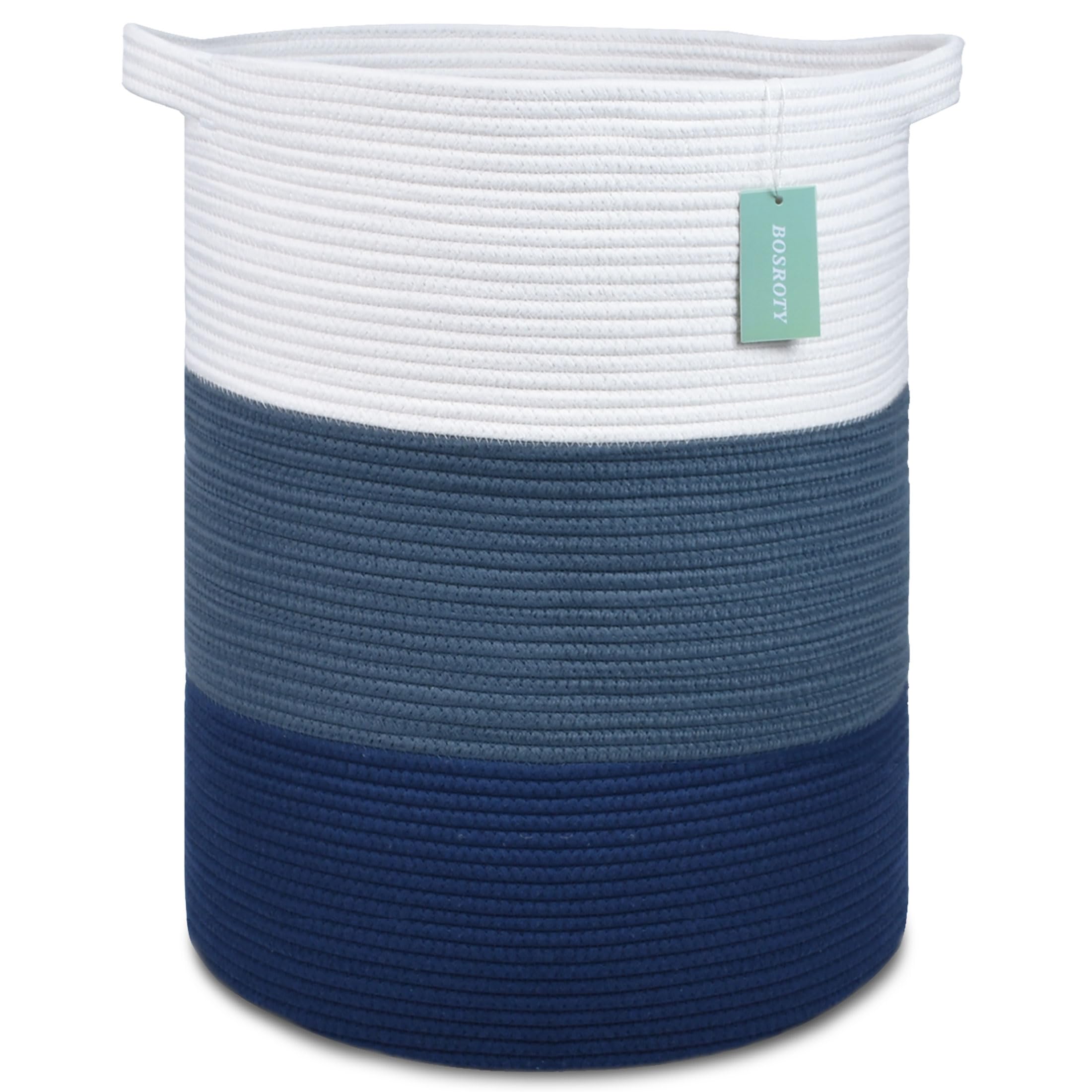 Large Blanket Basket, Nursery Hamper, Tall Laundry Basket 72L, Cotton Rope Woven Laundry Hamper for Storage Toys Clothes Towels, 16”x 22”, White & Cadet Blue & Navy Blue