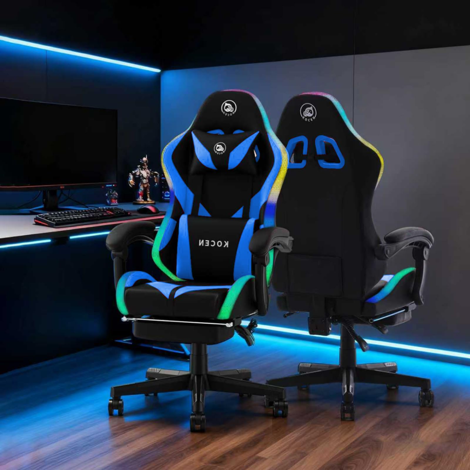 LED Gaming Chairs for Adults Tall and Kids，Lumbar Support,LED Lights，High Back Reclining Computer Chair with Headrest(Blueblack)