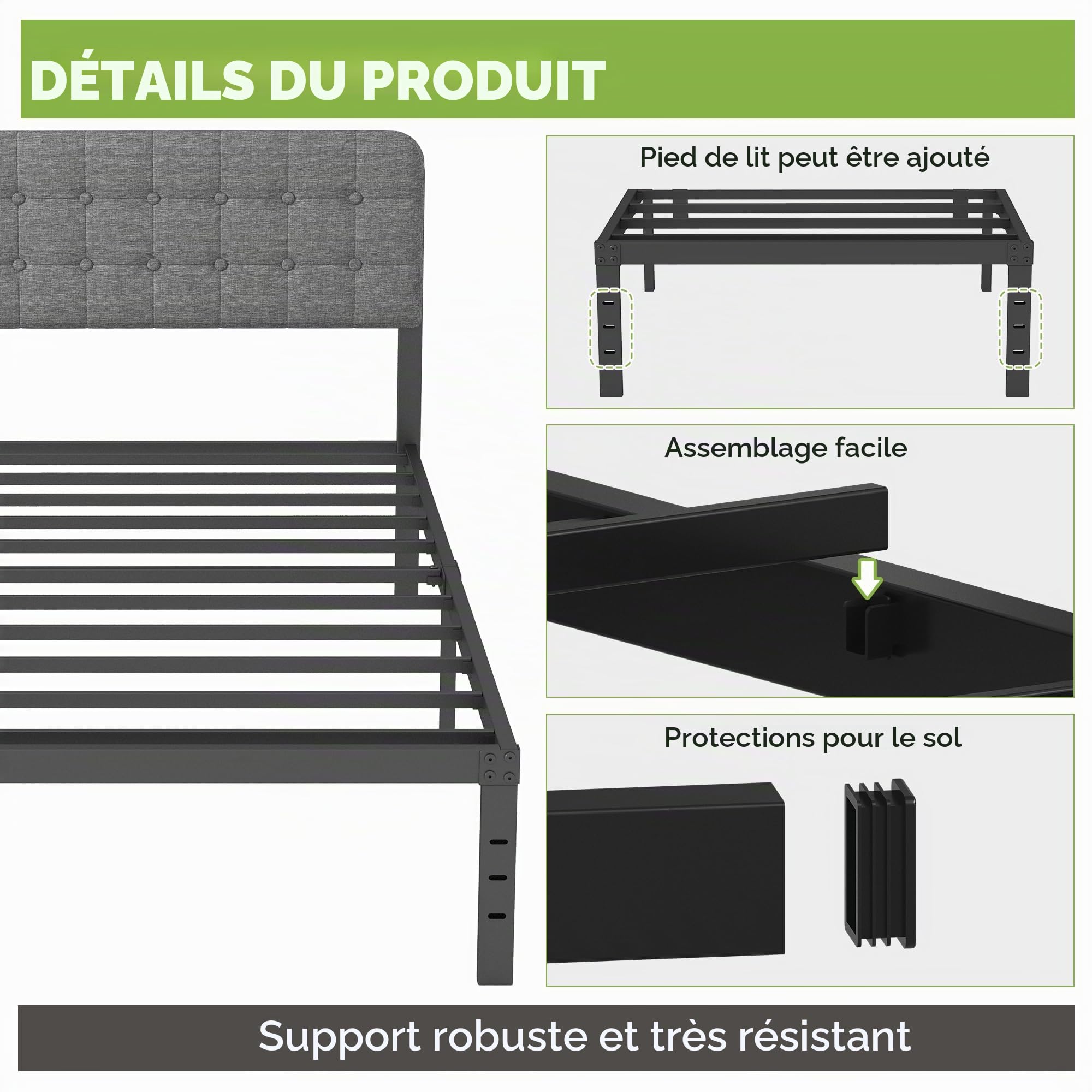 Lutown-Teen 80 x 190 cm Lit en Métal avec Tête de Lit Rembourrée Grise