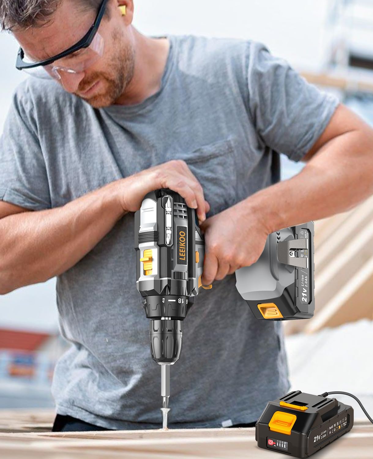 Perceuse Visseuse Sans Fil, LEEIKOO Visseuse Devisseuse Sans Fil 21V, Perceuse 42Nm avec 2 Batteries 2.0Ah, 18+1 Réglages de Couple, LED, 2 Vitesses, 14 Accessoires pour Projet de Bricolage, Gris