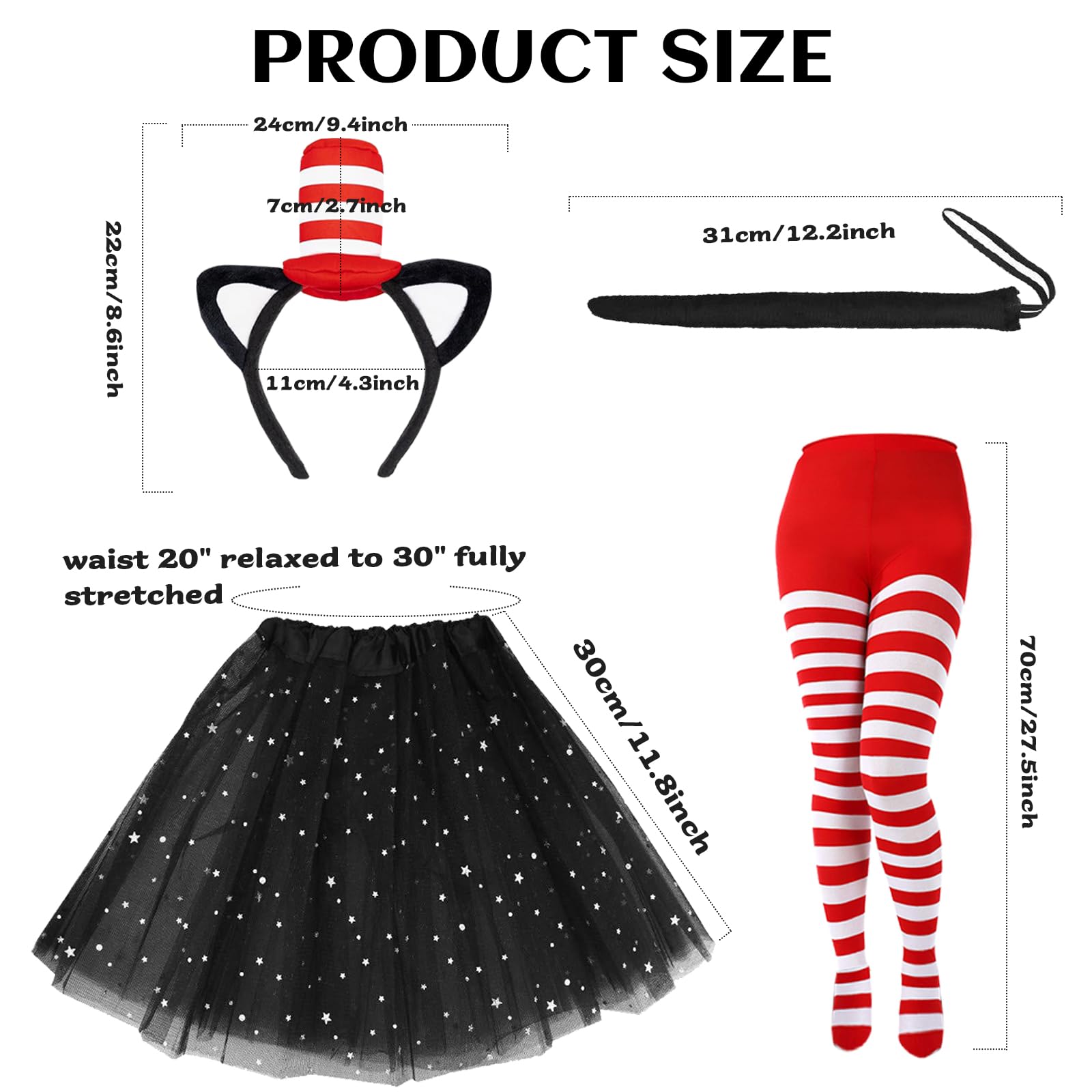 Maazusa World Book Day Cat Costumes Cat Hat Costume Long Sleeve Top Hat Headband Black Star Skirt Tail Gloves Socks Cat Outfit Animal Fancy Dress for World Book Day Carnivals Cosplay Party (M) - Image 3