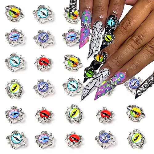 24 dijes de uñas de globo ocular de Halloween para uñas acrílicas, aleación 3D, gemas de uñas vintage con diamantes de imitación, ojos de colores