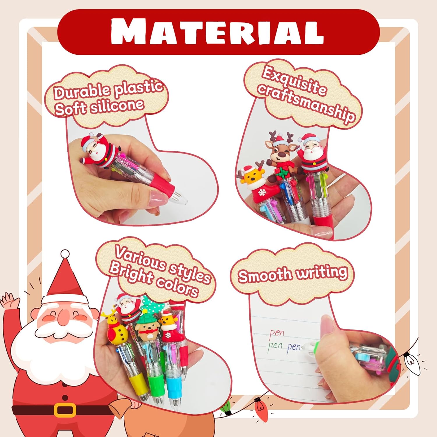 24 Pack Multicolor Ballpoint Pens, 4-in-1 Retractable Mini Writing Pens, Christmas Themed Pens for Office Use, Events, Party Favors, Gift Bags & Seasonal Supplies