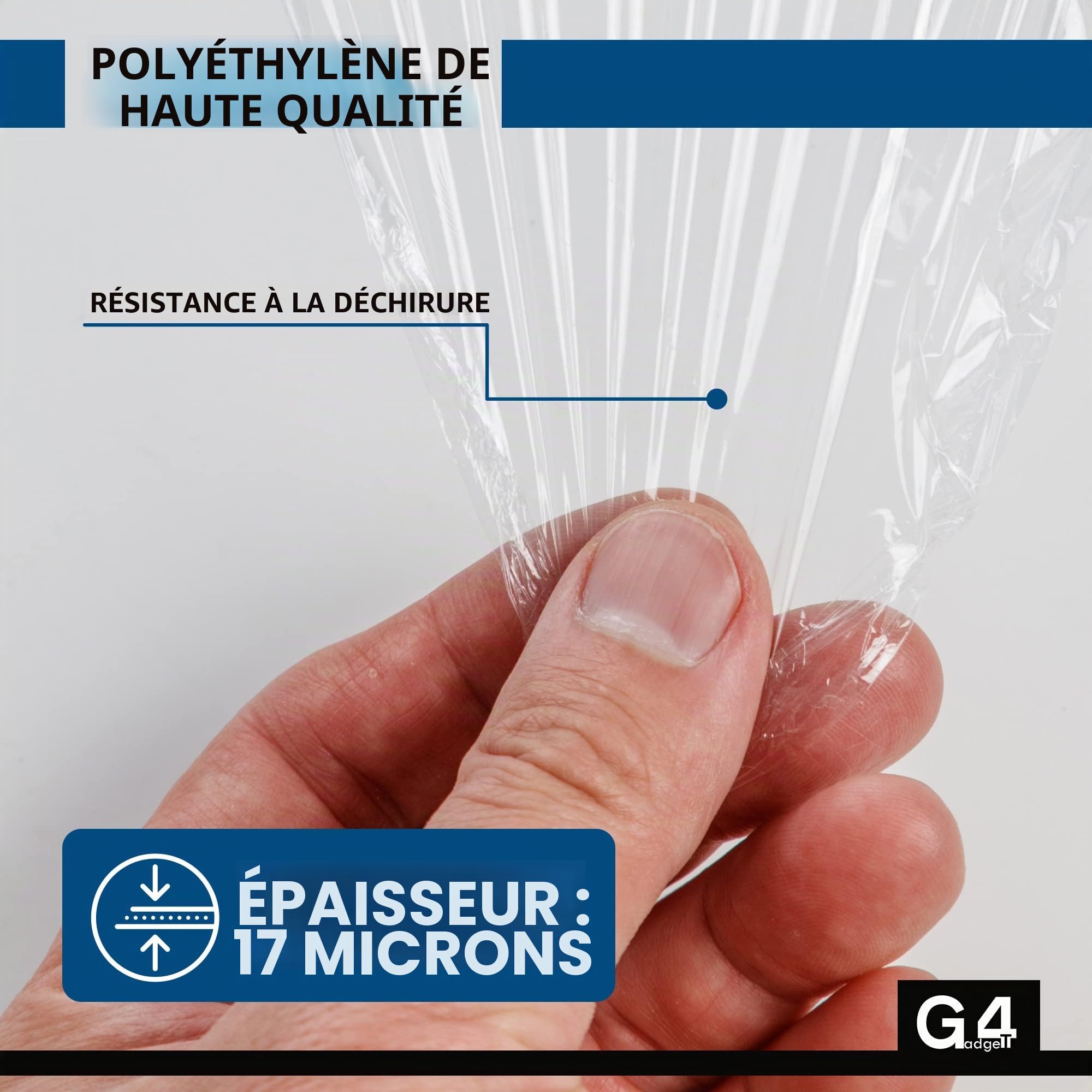 G4GADGET Rouleau de film étirable robuste pour emballage, déménagement et stockage - Résistant aux déchirures, imperméable et à l'humidité - 400 mm x 150 m