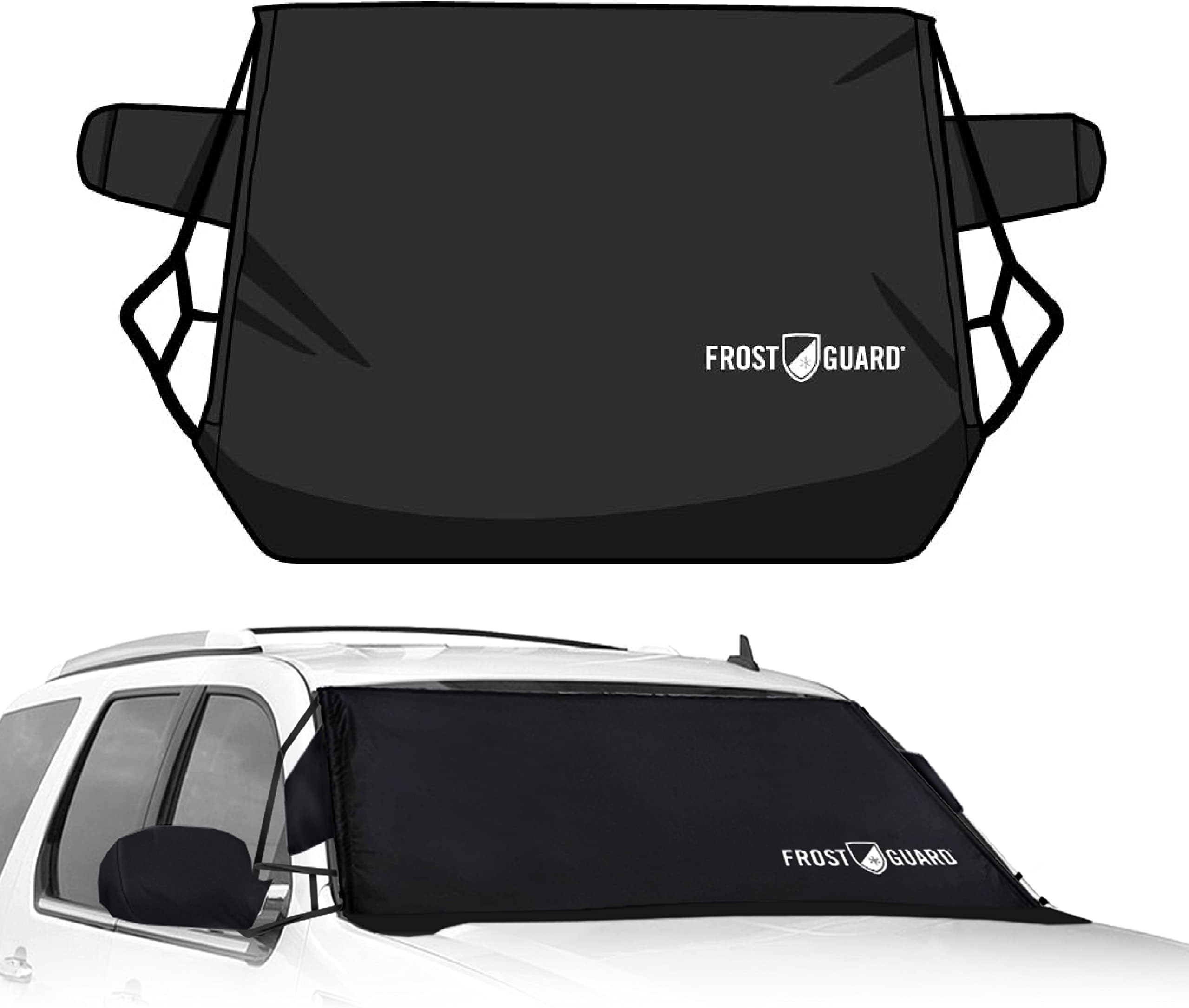 Deluxe | Full-Coverage Car Windshield Cover for Ice and Snow, XL Size - Wiper Blade + Side Mirror Coverage - Fit-Fast Straps + Security Panels - Black, 41 x 68 Inches