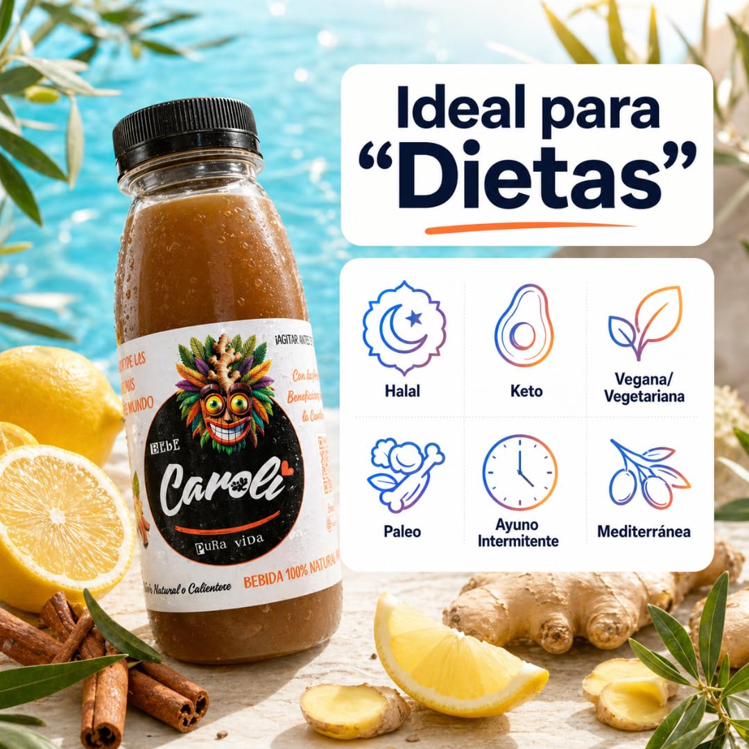 CAROLI Bebida de jengibre limón y canela Refresco natural Sin gas Sin azúcares Sin alcohol Digestiva Antiinflamatoria Antioxidante Hidratante Ginger 6x230ml