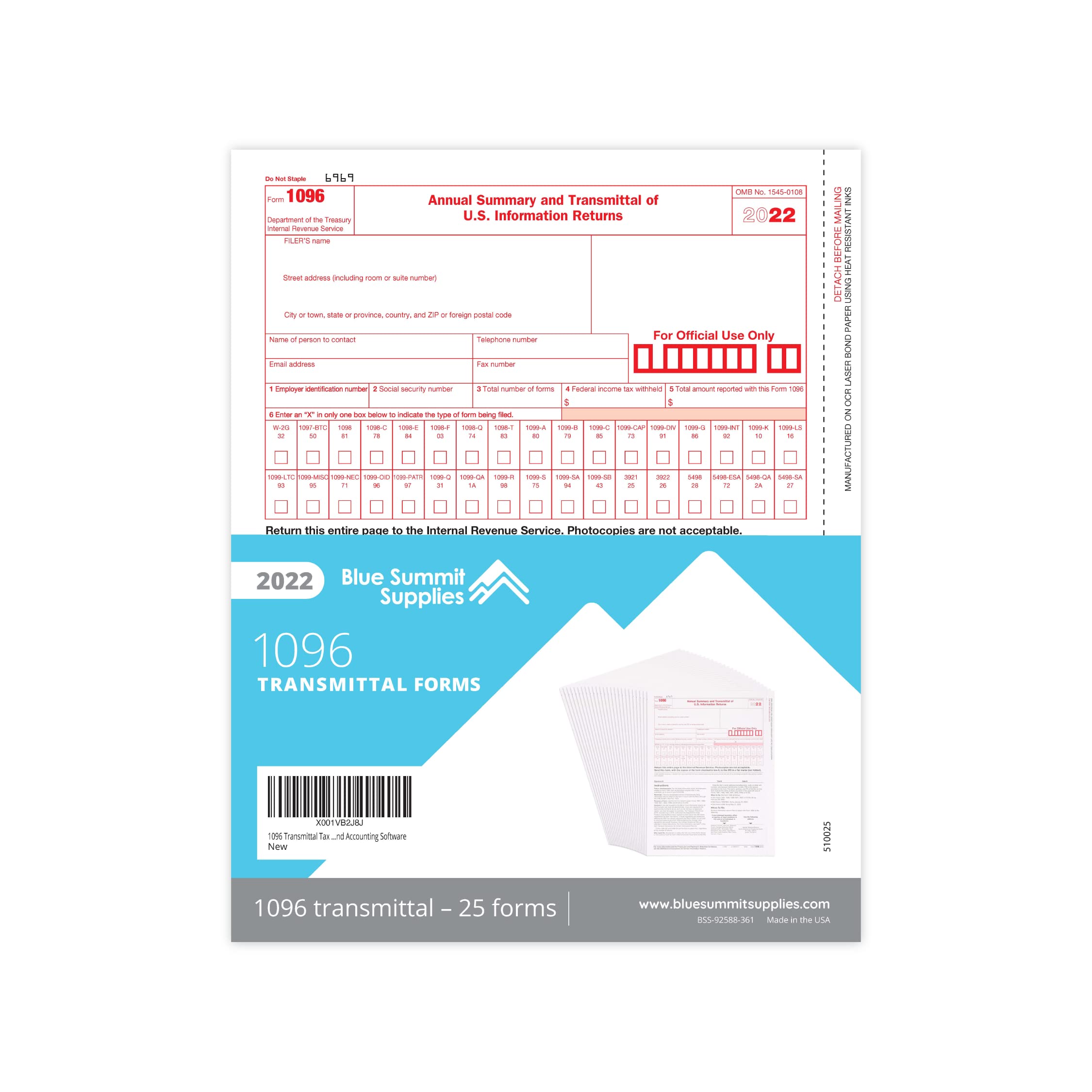 Amazon.com : 1096 Transmittal 2022 Tax Forms, 25 Pack of 1096 Summary Laser  Forms, Compatible with QuickBooks and Accounting Software : Office Products