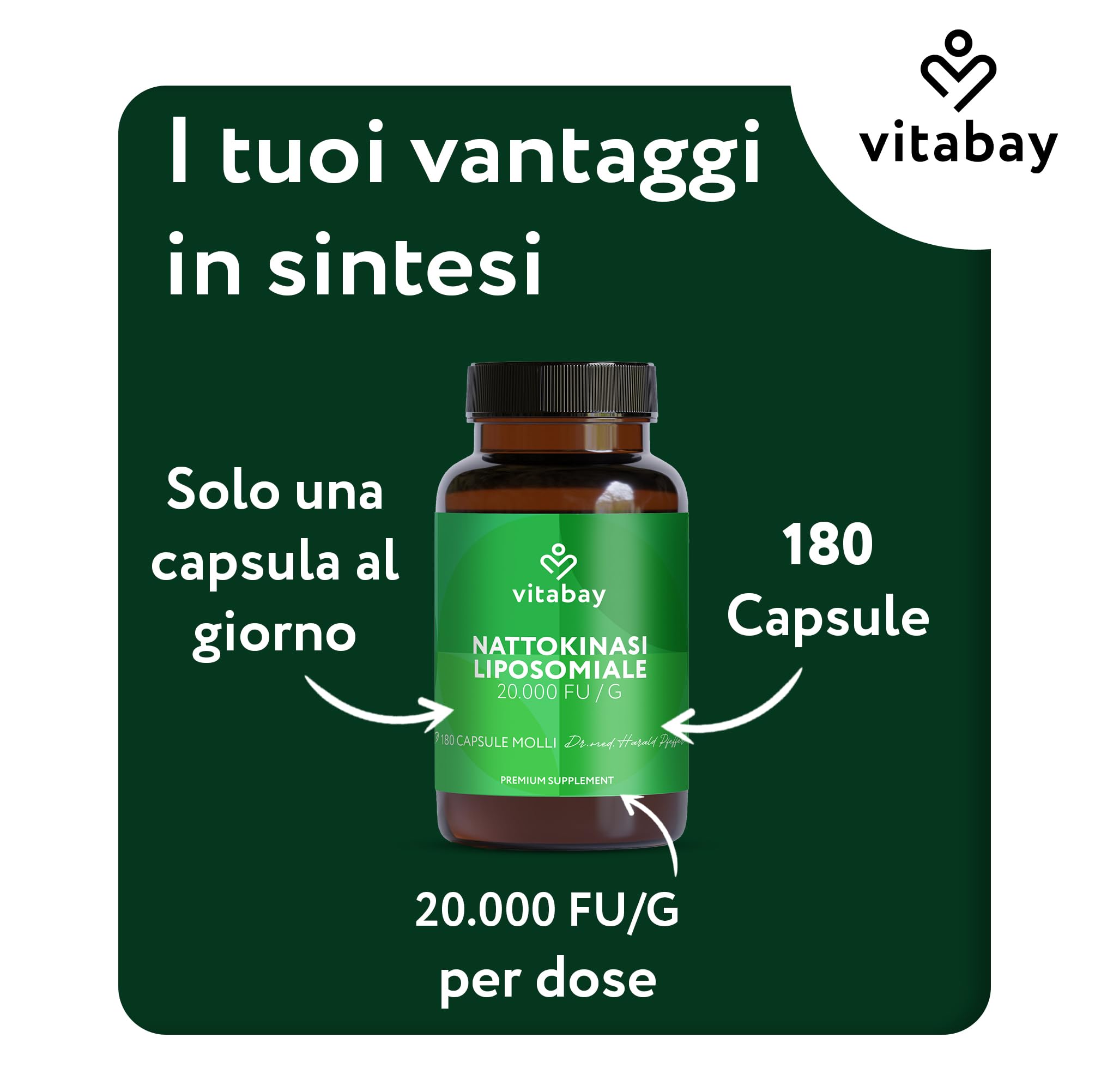 Vitabay Nattokinasi 2.000 FU alto dosaggio – 180 capsule softgel vegane – Nattokinasi liposomiale da soia fermentata – senza vitamina K2, senza additivi & testata in laboratorio – scorta 6 mesi