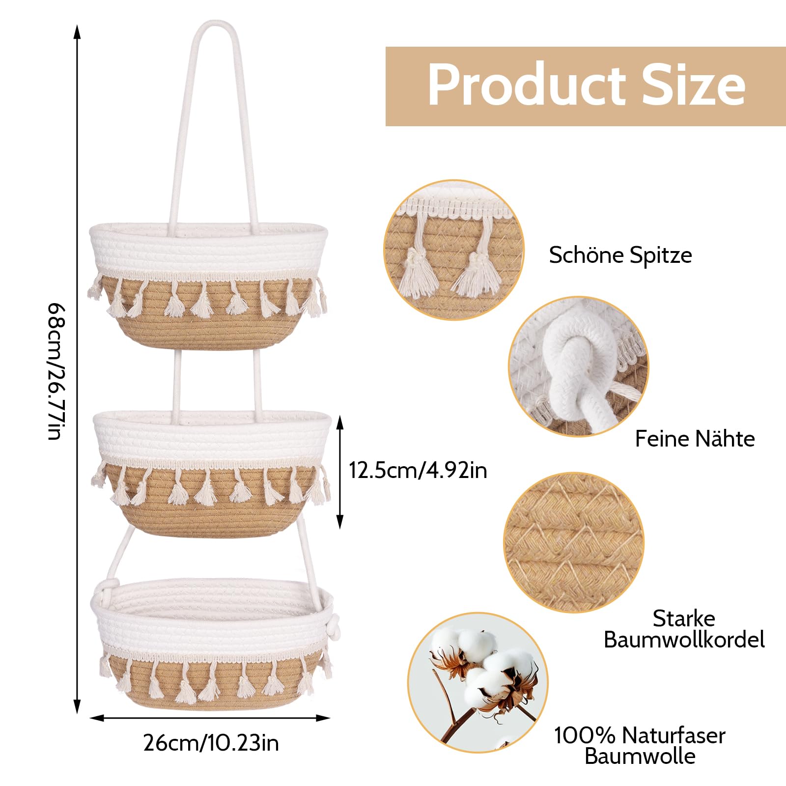 3 Tier Braided Storage Basket for Wall Mounting Living Room Bedroom Bathroom Storage Basket for Hanging Clothes Storage Basket for Indoor Plants Decorative Basket - Image 4