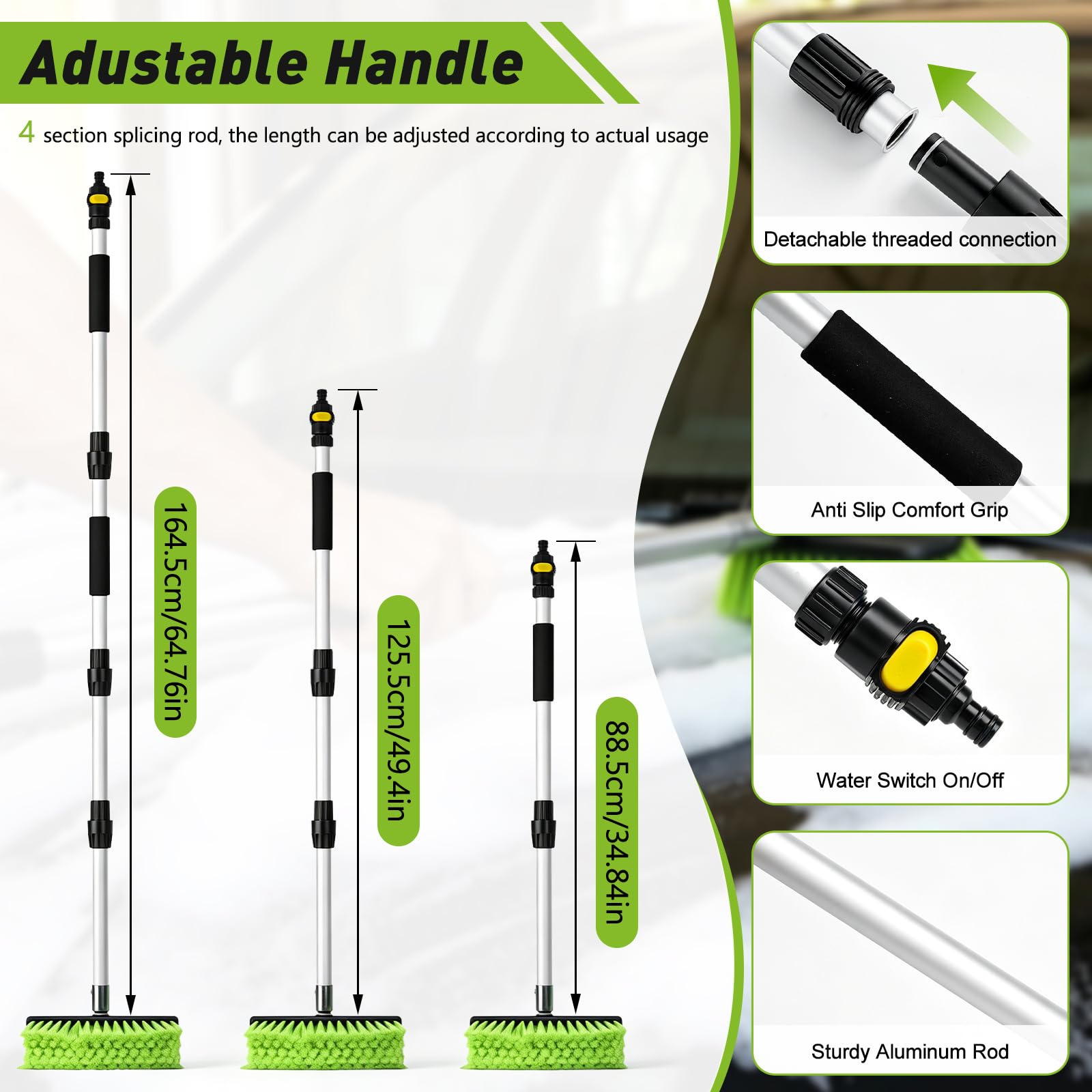 Cepillo extensible de lavado de coche alimentado por agua, mango largo, kit de limpieza de coche de 12 piezas con cepillo de cerdas suaves, fregona y guante de microfibra, limpiador de ventanas